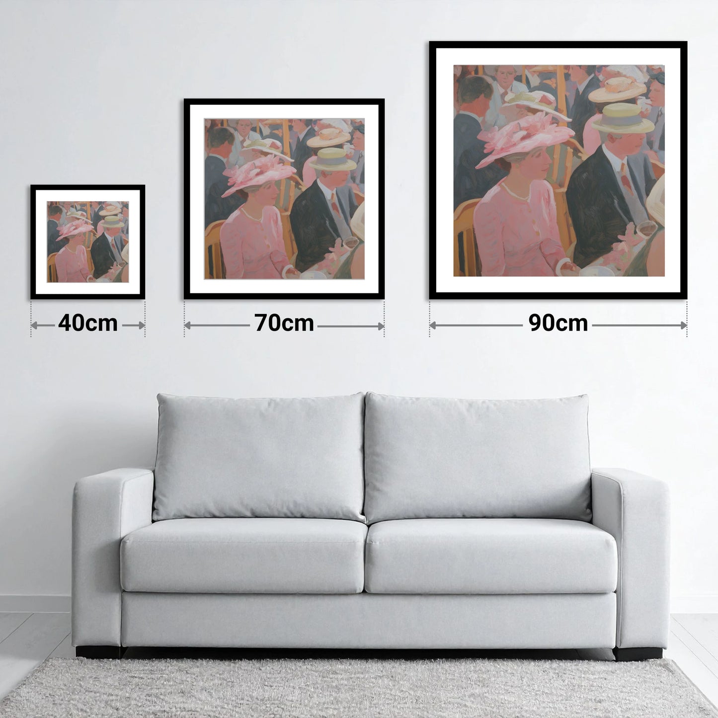 Summer Meet Elegance - size guide showing 40cm, 70cm and 90cm art prints