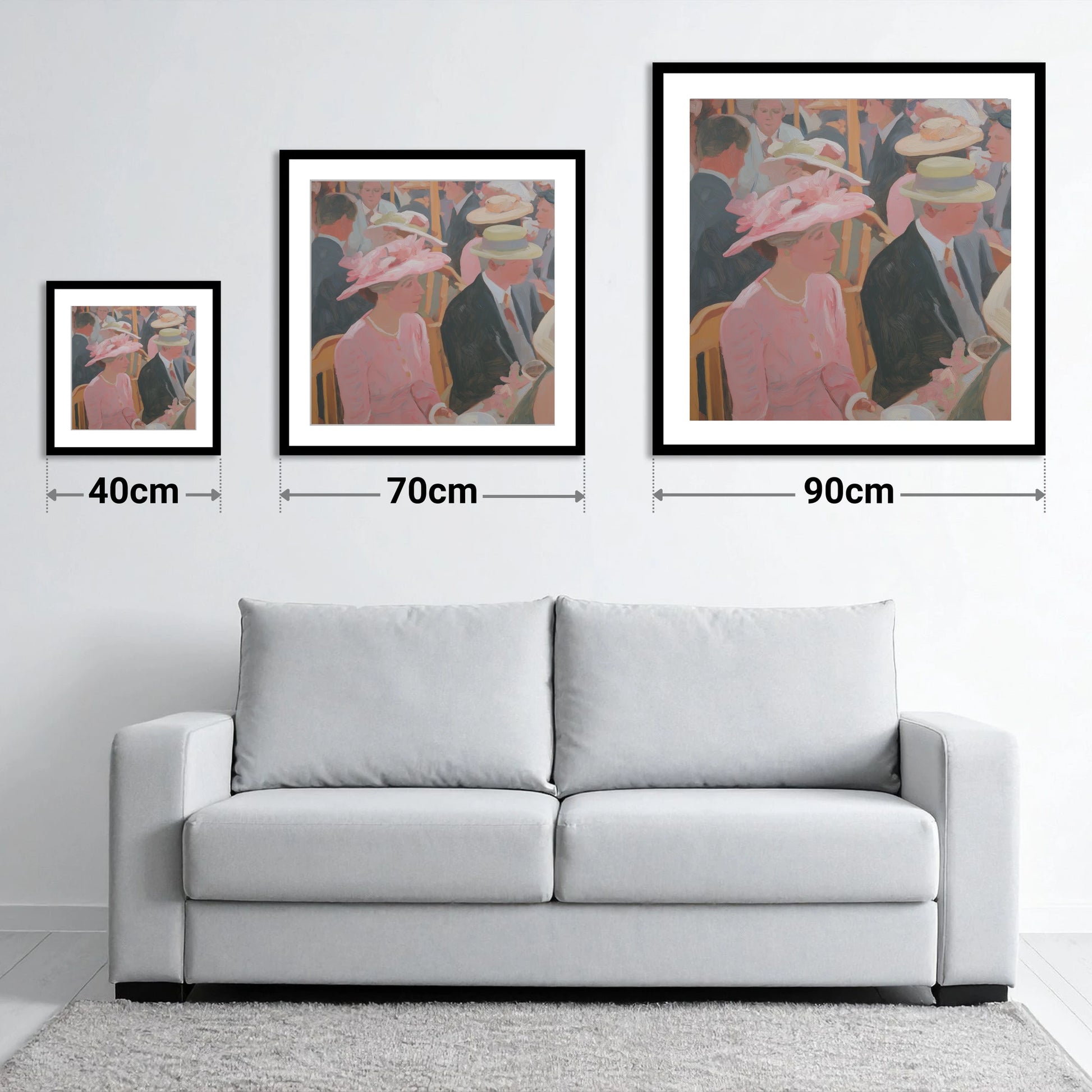 Summer Meet Elegance - size guide showing 40cm, 70cm and 90cm art prints