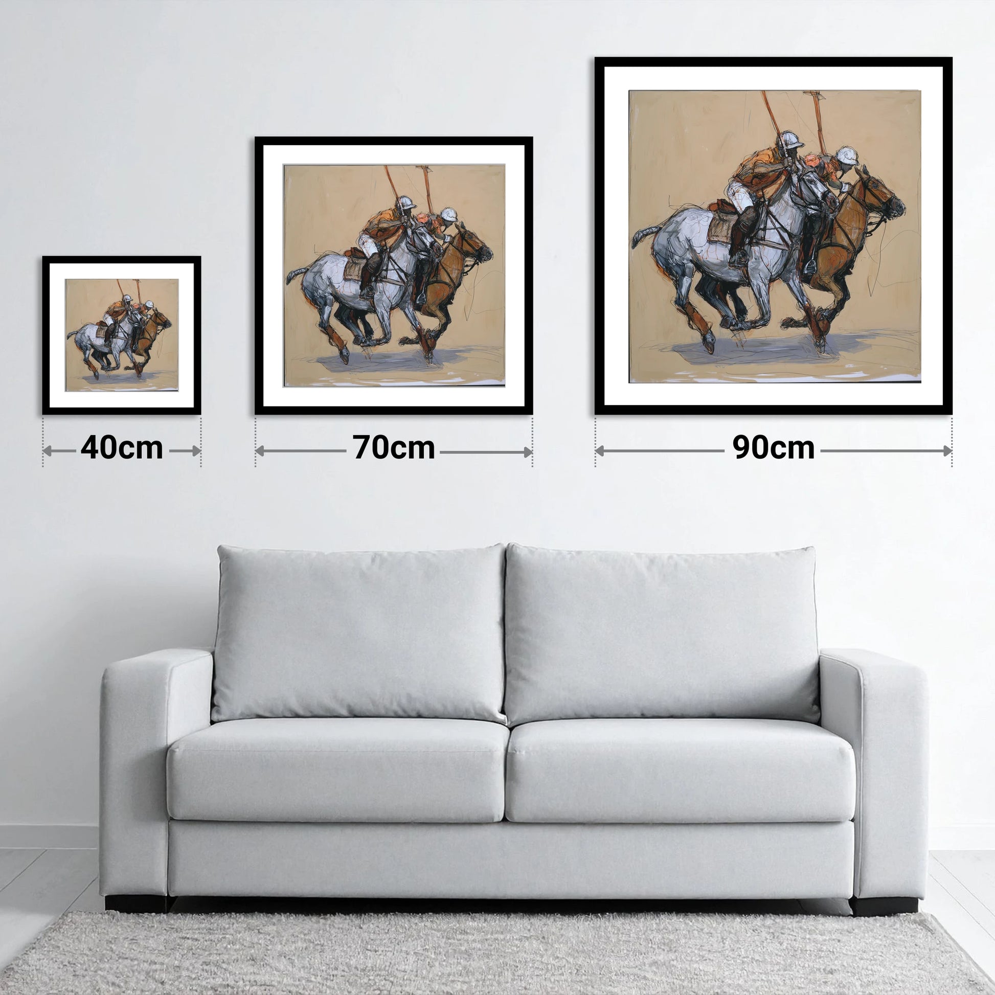 The Midfield Duel - size guide showing 40cm, 70cm and 90cm art prints