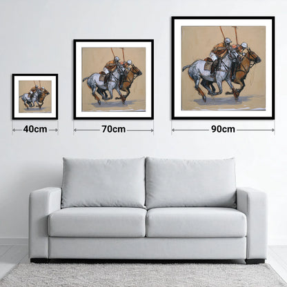 The Midfield Duel - size guide showing 40cm, 70cm and 90cm art prints
