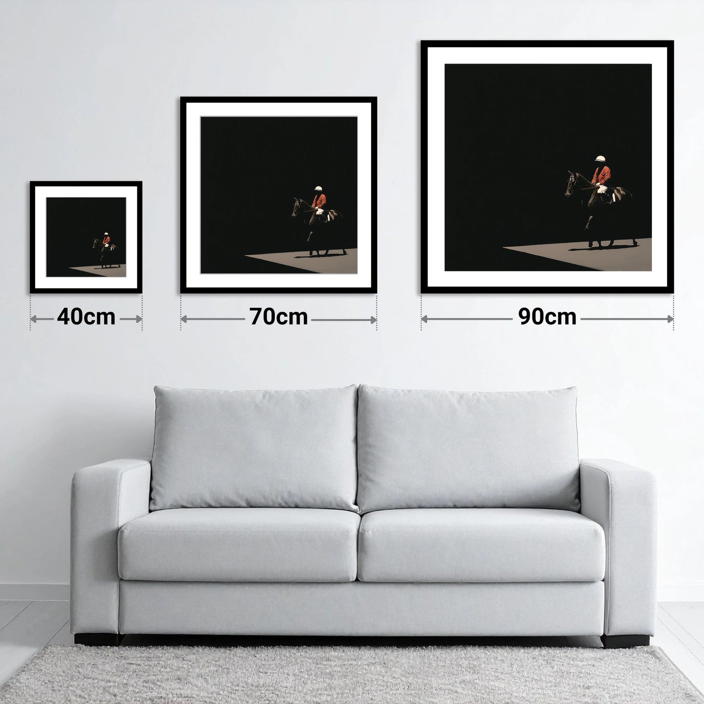 Quiet Before the Roar - size guide showing 40cm, 70cm and 90cm art prints