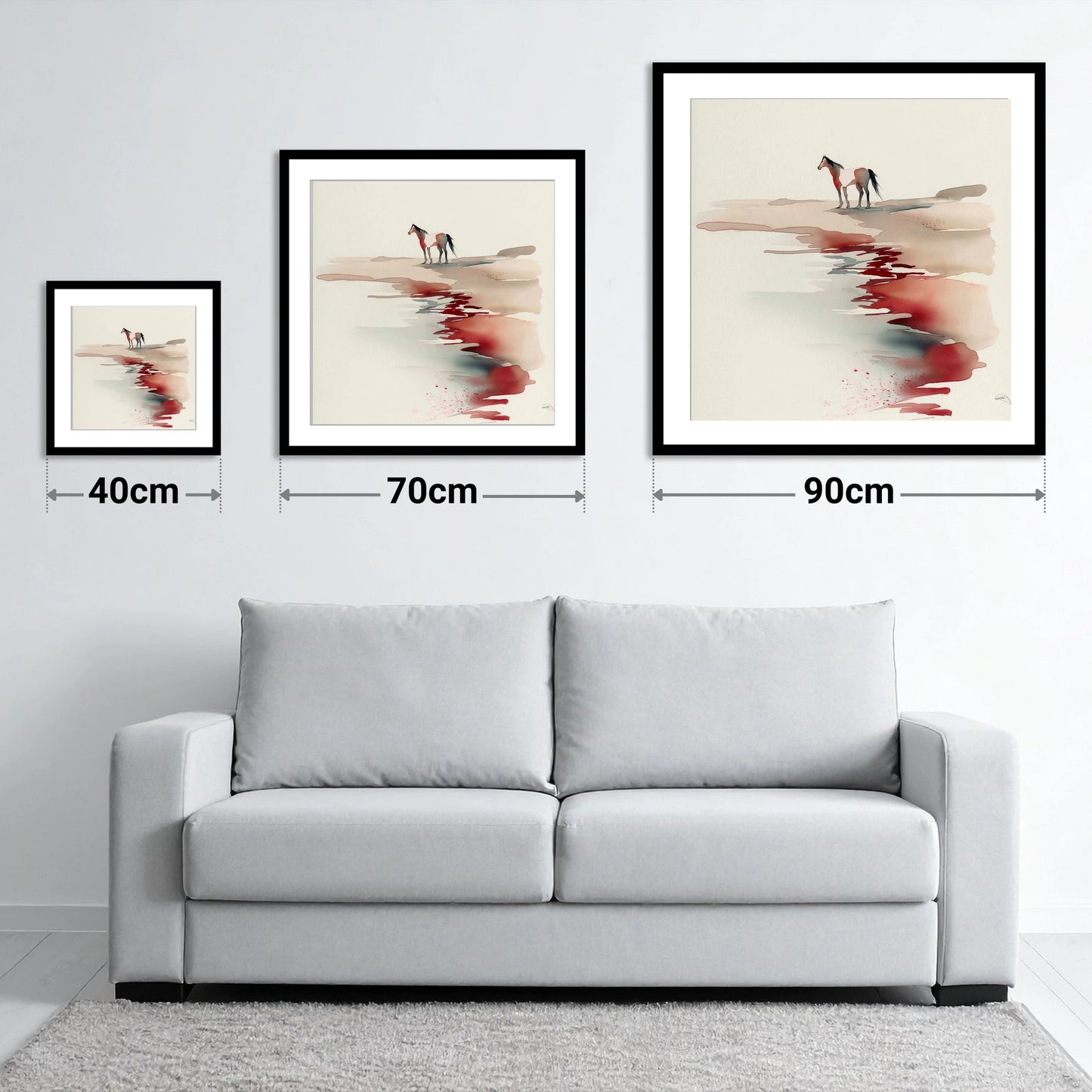 Crimson Horizon - size guide showing 40cm, 70cm and 90cm art prints