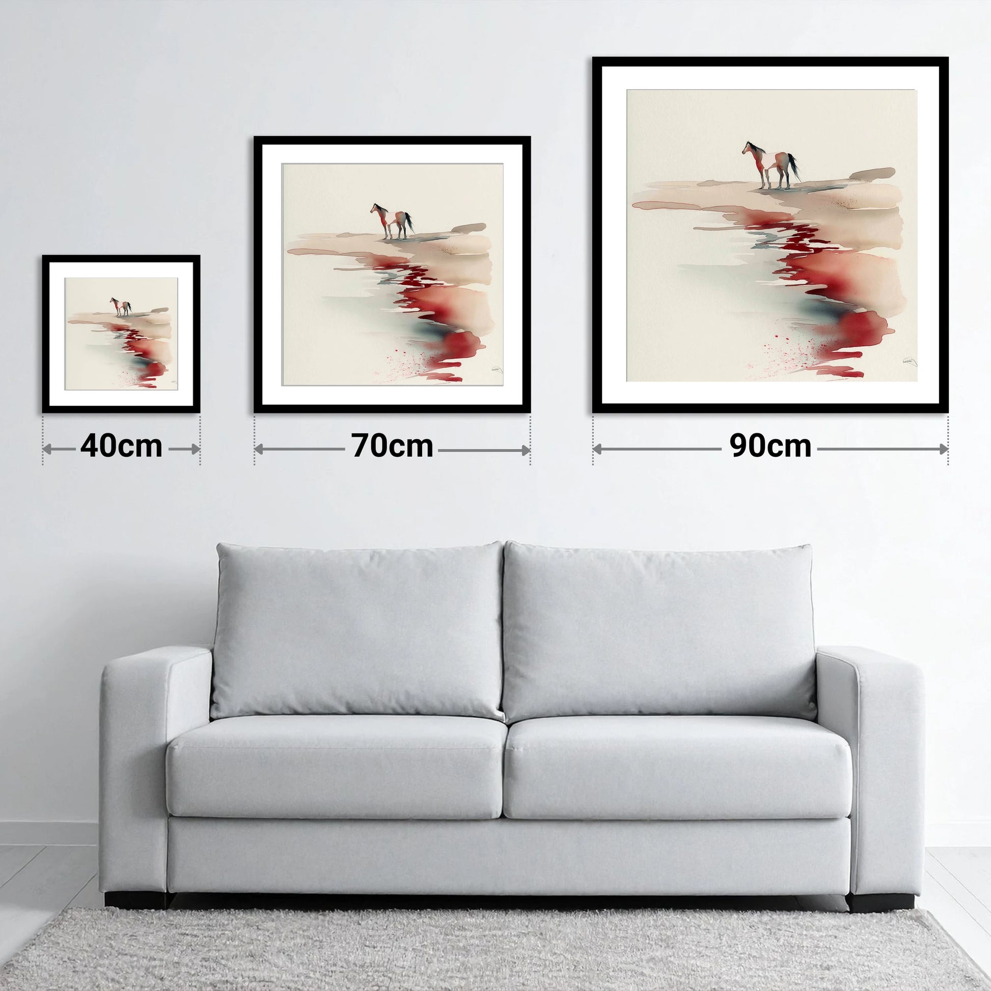 Crimson Horizon - size guide showing 40cm, 70cm and 90cm art prints