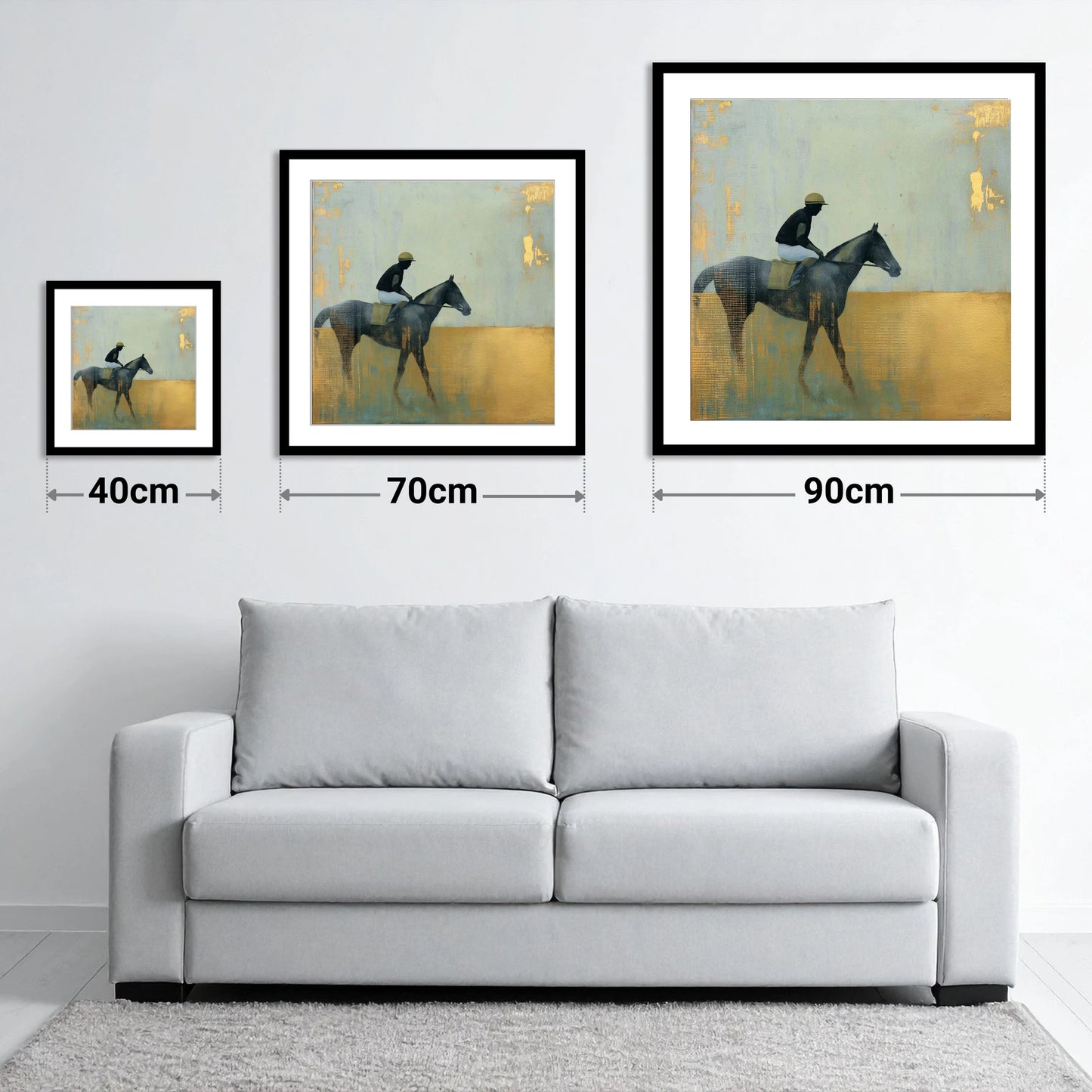 The Gilded Thoroughbred - size guide showing 40cm, 70cm and 90cm art prints
