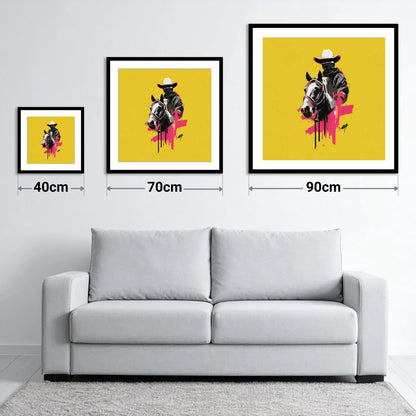 Magenta Western Rider - size guide showing 40cm, 70cm and 90cm art prints