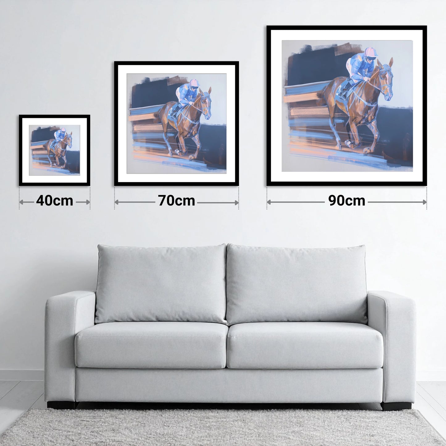 Velocity in Blue - size guide showing 40cm, 70cm and 90cm art prints