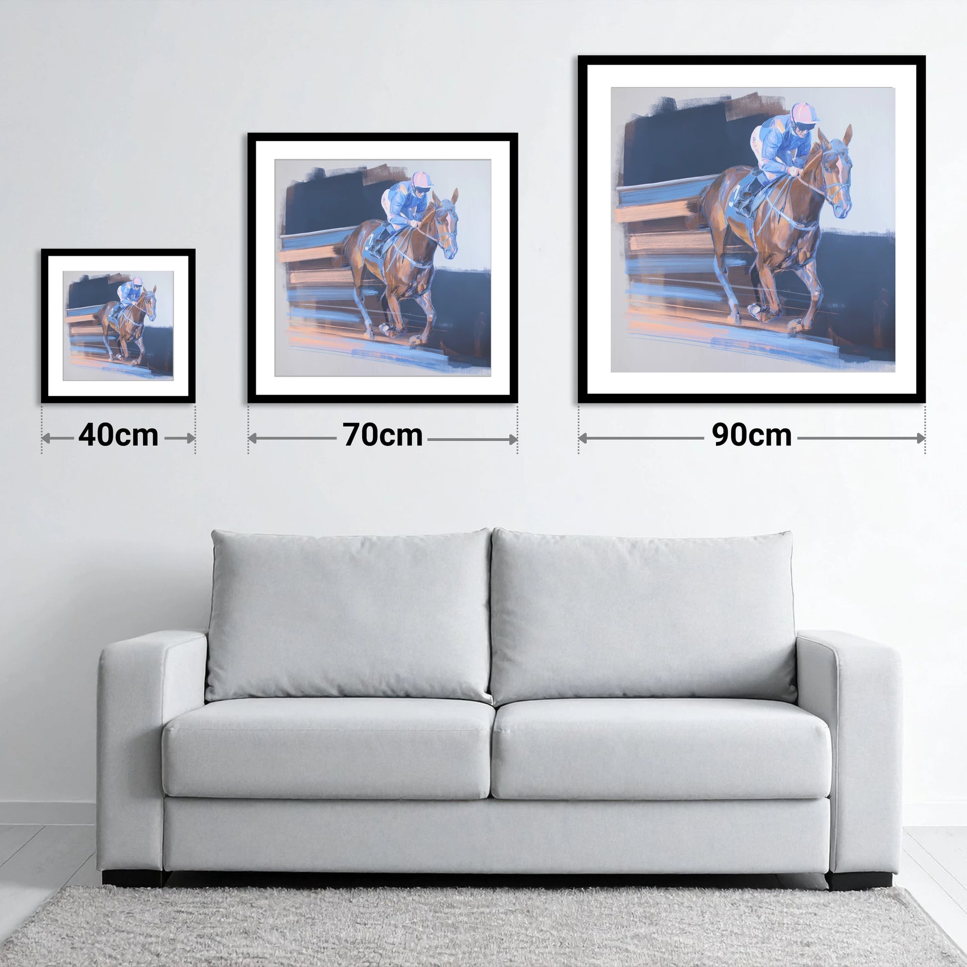 Velocity in Blue - size guide showing 40cm, 70cm and 90cm art prints
