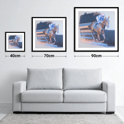 Velocity in Blue - size guide showing 40cm, 70cm and 90cm art prints