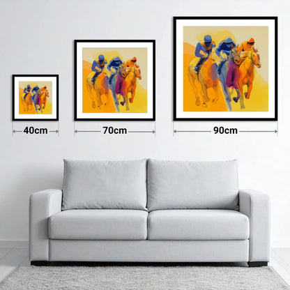The Final Furlong - size guide showing 40cm, 70cm and 90cm art prints