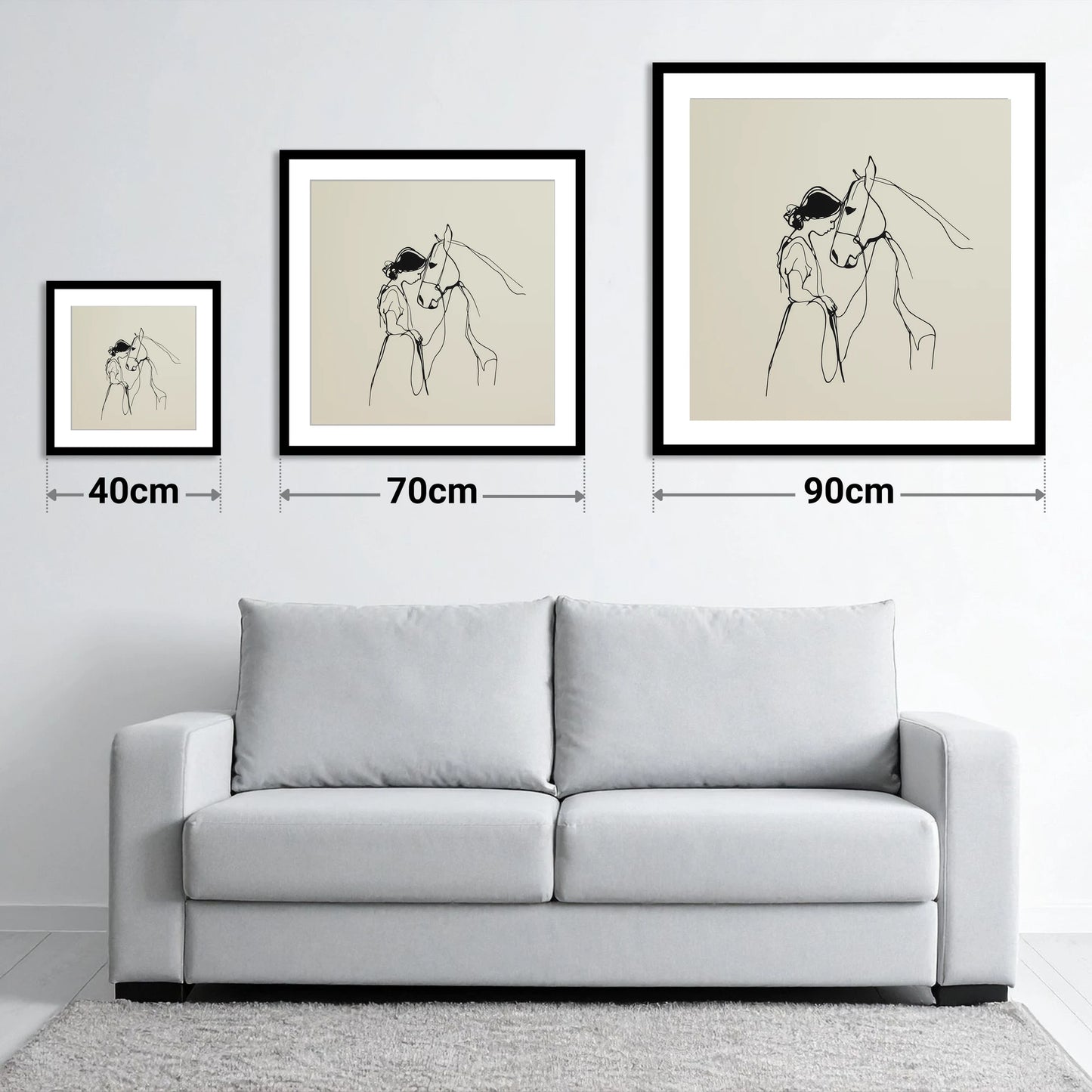 The Gentle Bond - size guide showing 40cm, 70cm and 90cm art prints