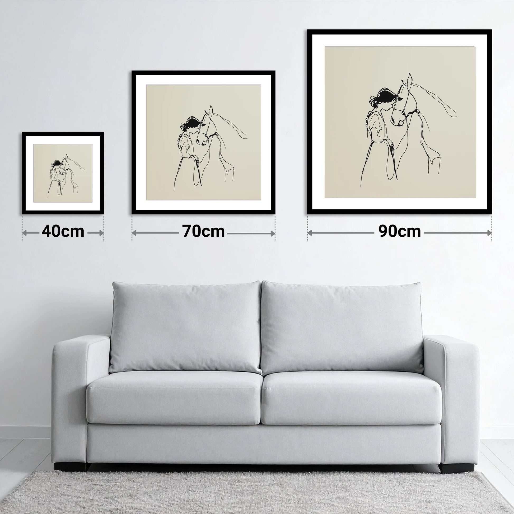 The Gentle Bond - size guide showing 40cm, 70cm and 90cm art prints