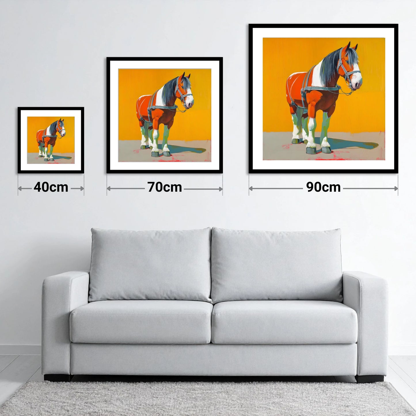Vibrant Heavy Horse - size guide showing 40cm, 70cm and 90cm art prints