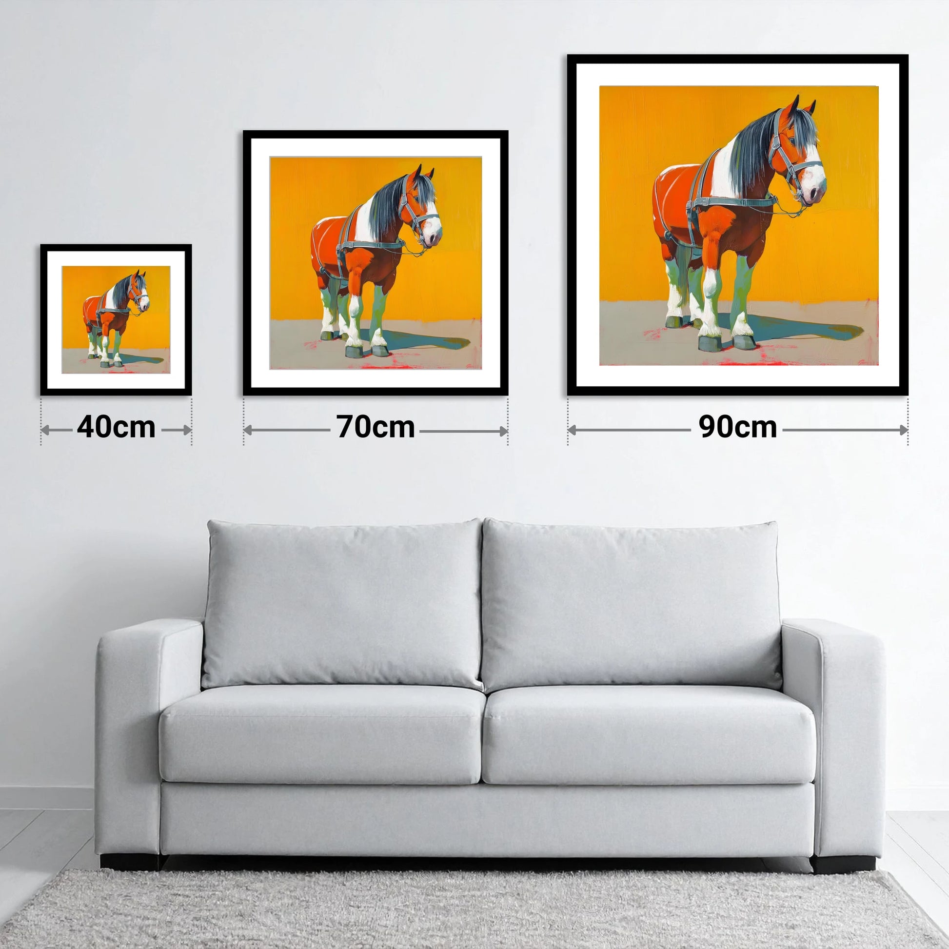 Vibrant Heavy Horse - size guide showing 40cm, 70cm and 90cm art prints