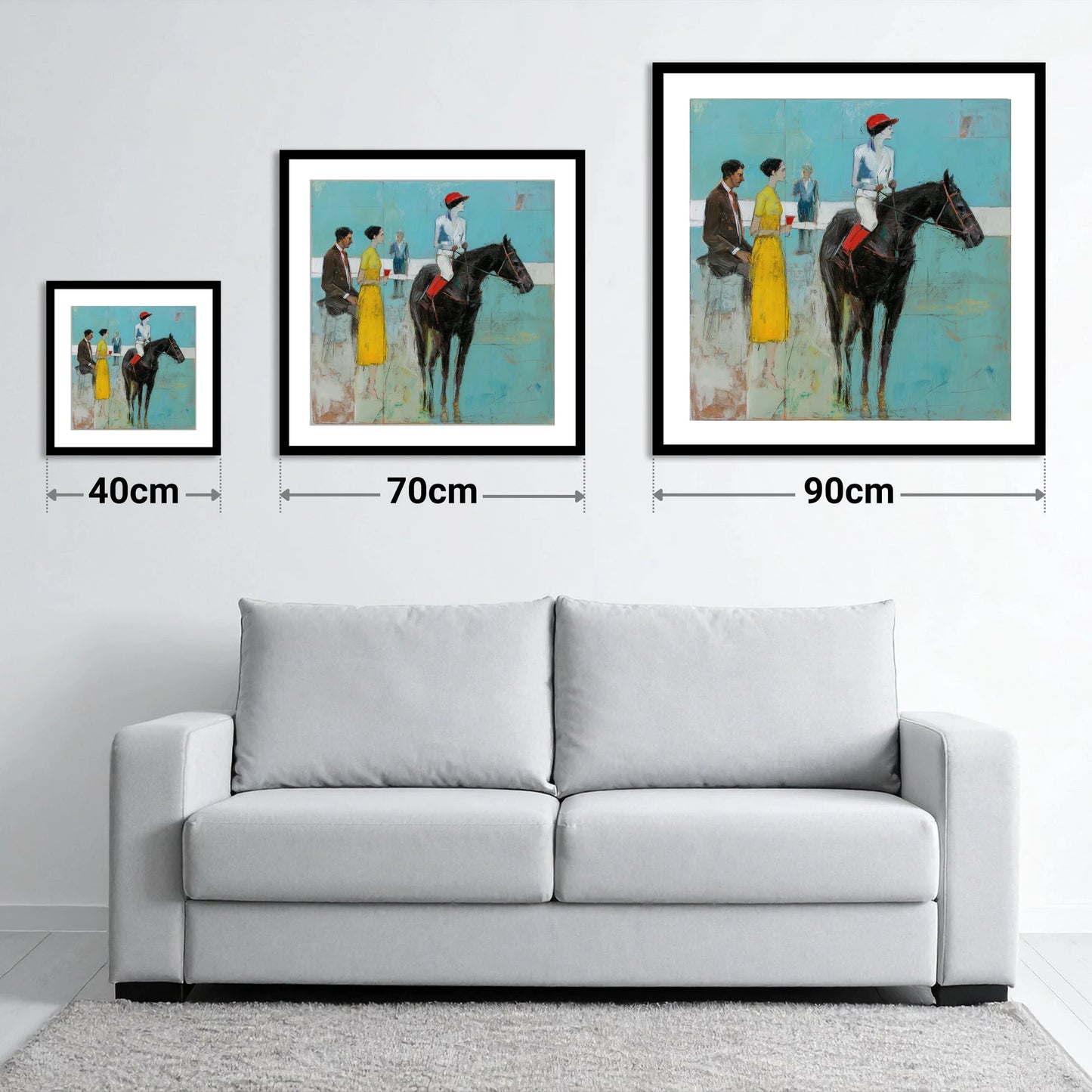 The Parade Ring - size guide showing 40cm, 70cm and 90cm art prints
