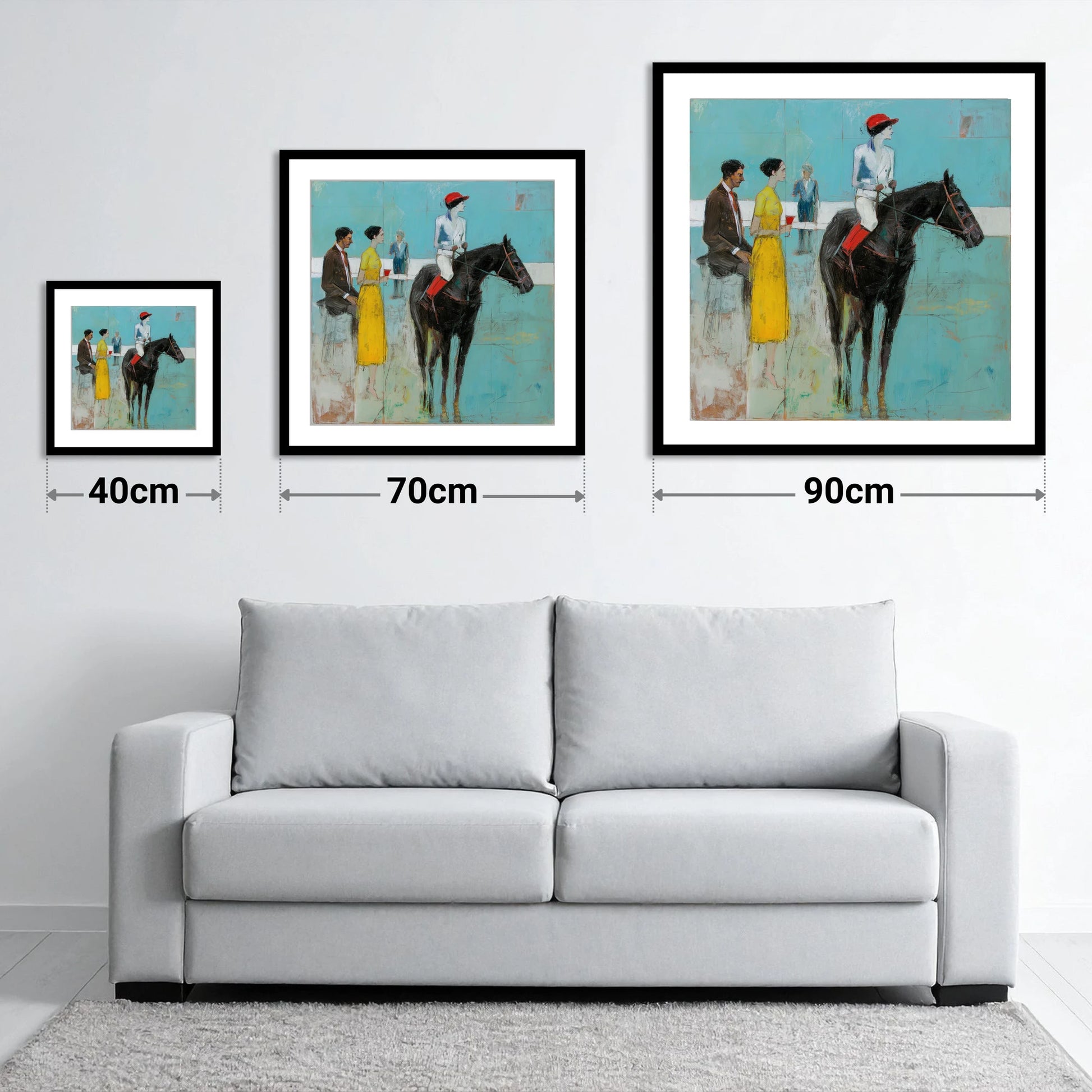 The Parade Ring - size guide showing 40cm, 70cm and 90cm art prints