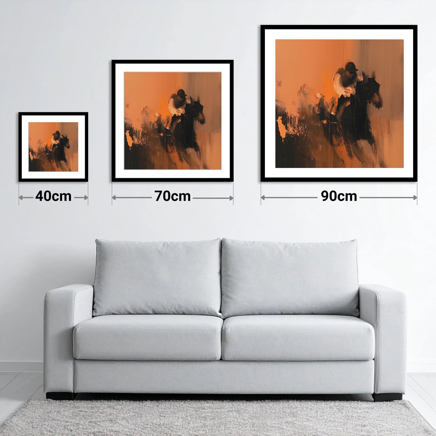 Amber Stride - size guide showing 40cm, 70cm and 90cm art prints