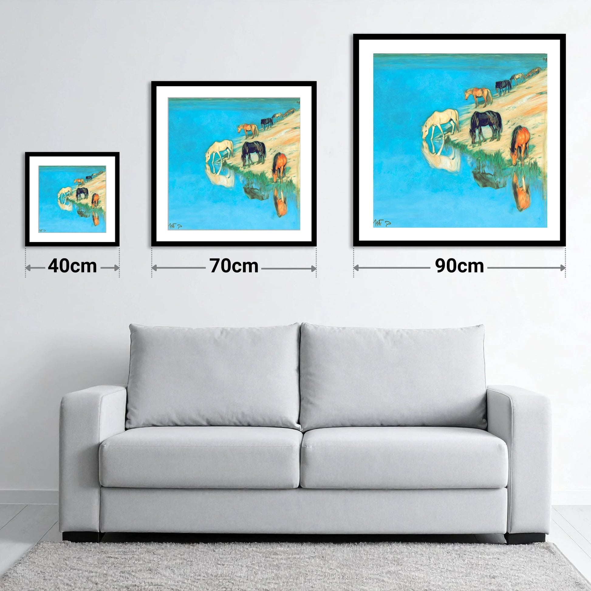 Azure Bank Reflections - size guide showing 40cm, 70cm and 90cm art prints