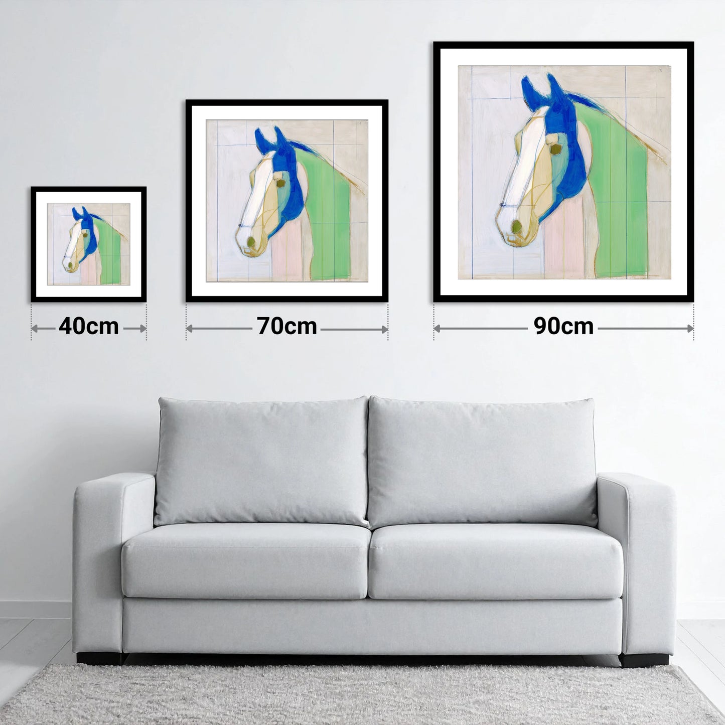 Architectural Azure Profile - size guide showing 40cm, 70cm and 90cm art prints