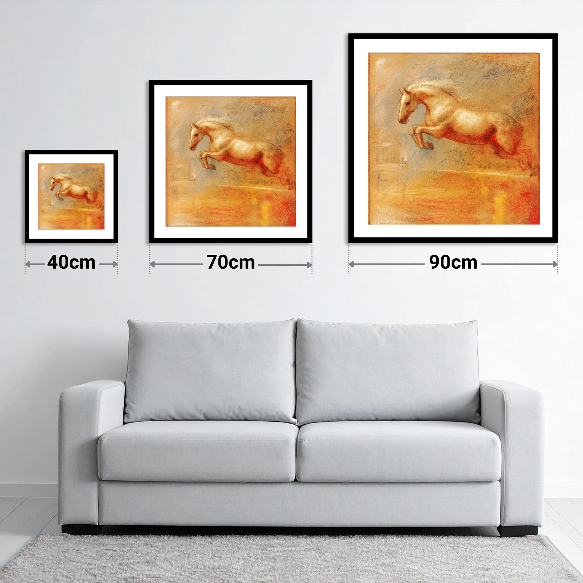 Ethereal Flight - size guide showing 40cm, 70cm and 90cm art prints