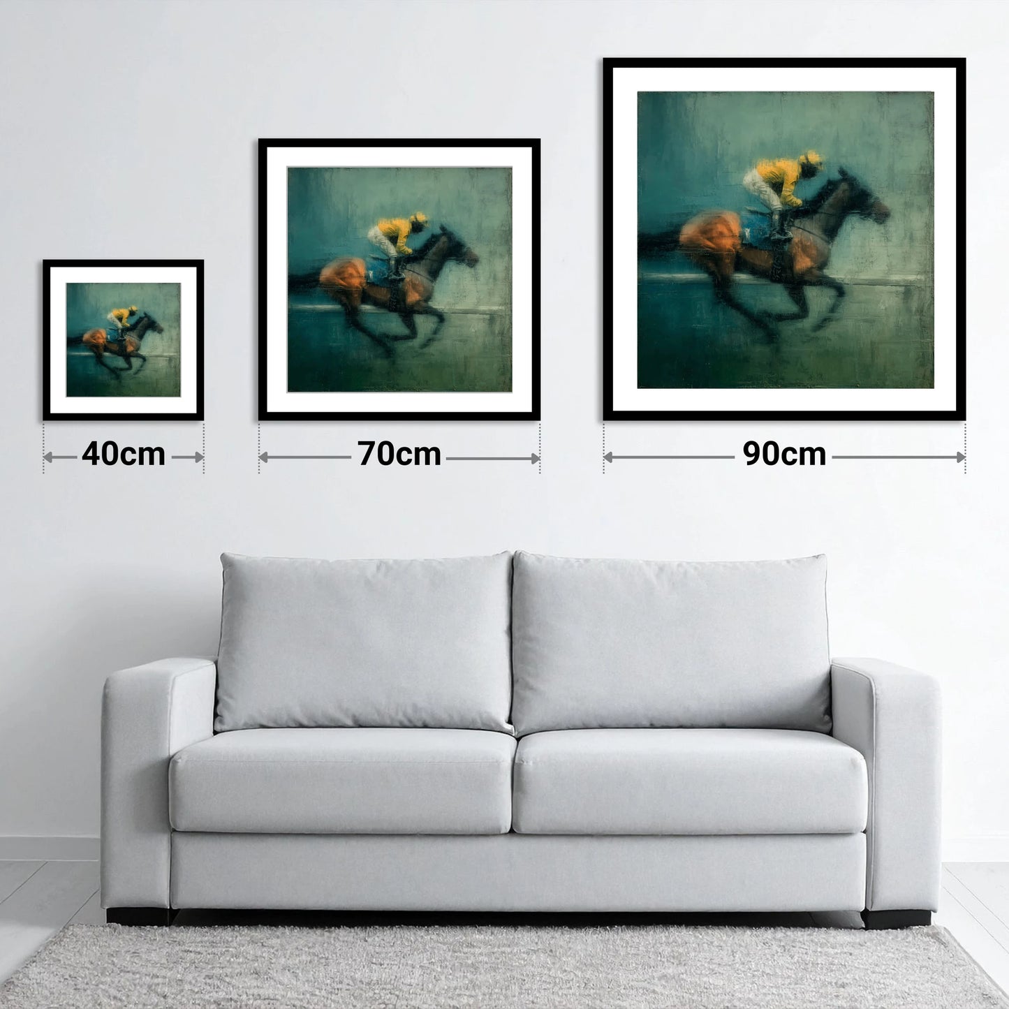 The Final Furlong - size guide showing 40cm, 70cm and 90cm art prints