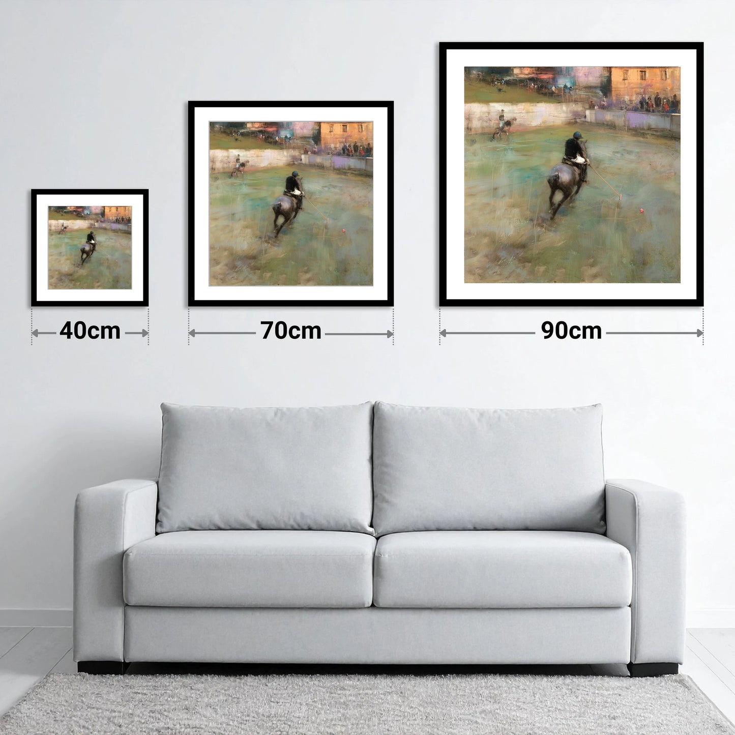 The Breakaway Drive - size guide showing 40cm, 70cm and 90cm art prints