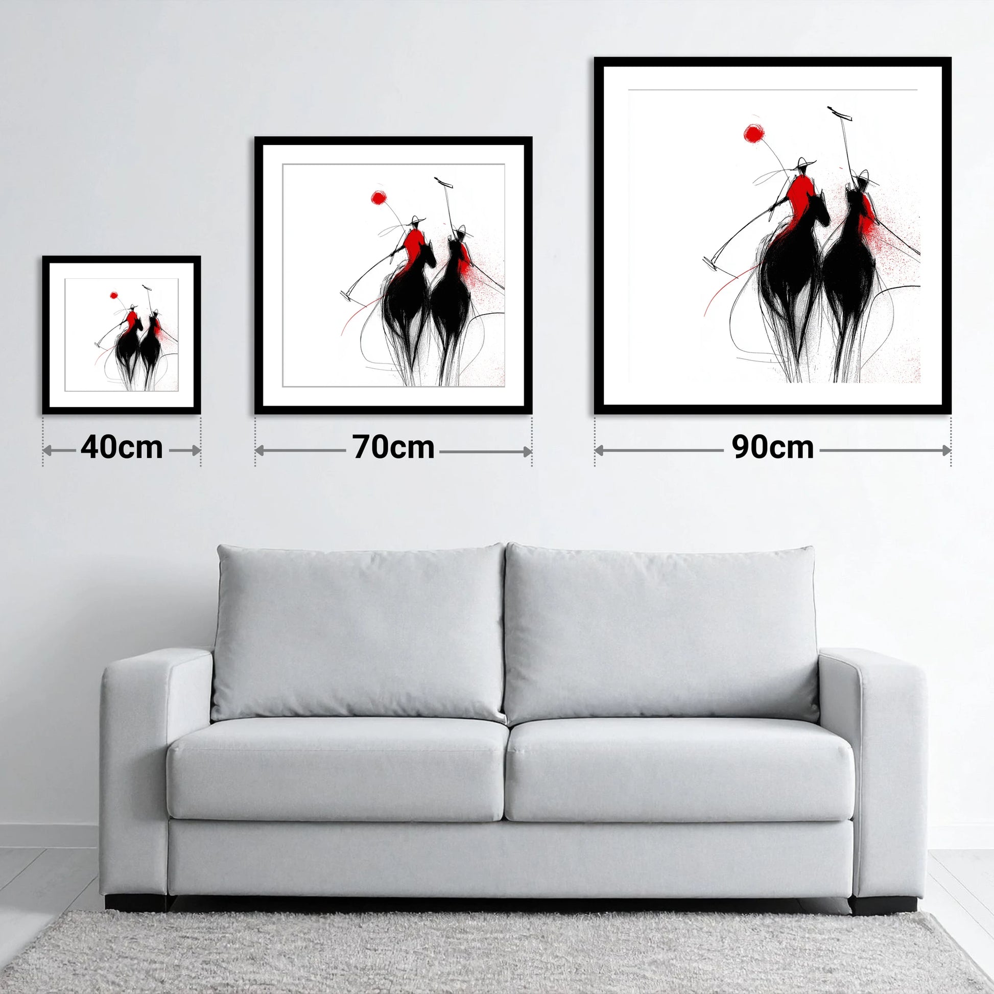 Crimson Chukka - size guide showing 40cm, 70cm and 90cm art prints