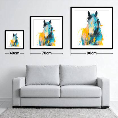 Teal and Amber Gaze - size guide showing 40cm, 70cm and 90cm art prints