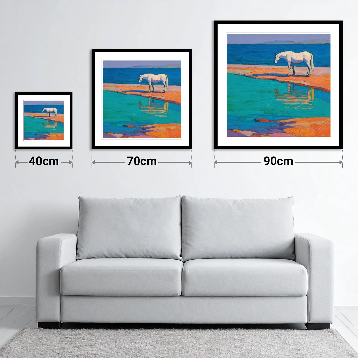 Turquoise Tide Reflections - size guide showing 40cm, 70cm and 90cm art prints