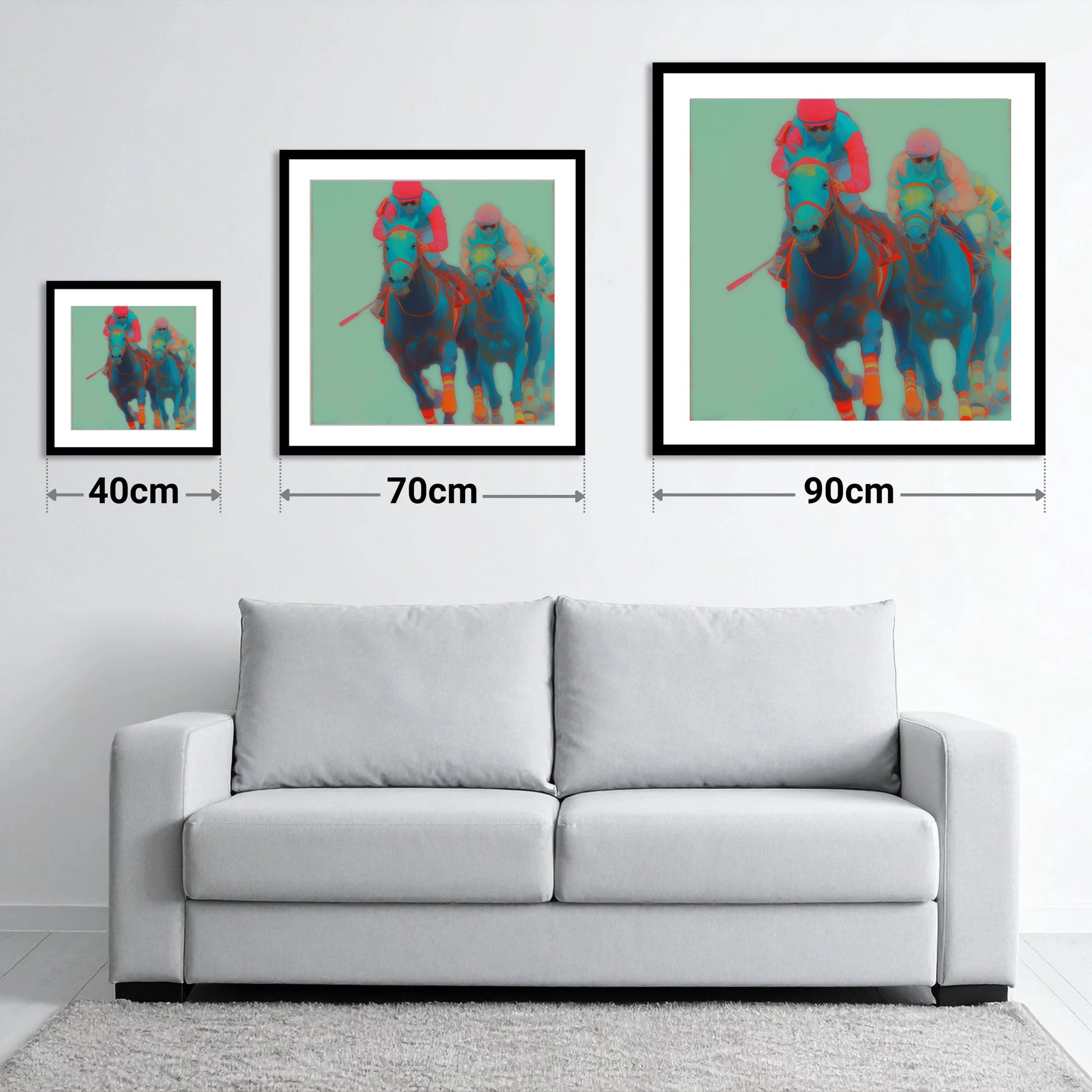 Electric Furlong - size guide showing 40cm, 70cm and 90cm art prints