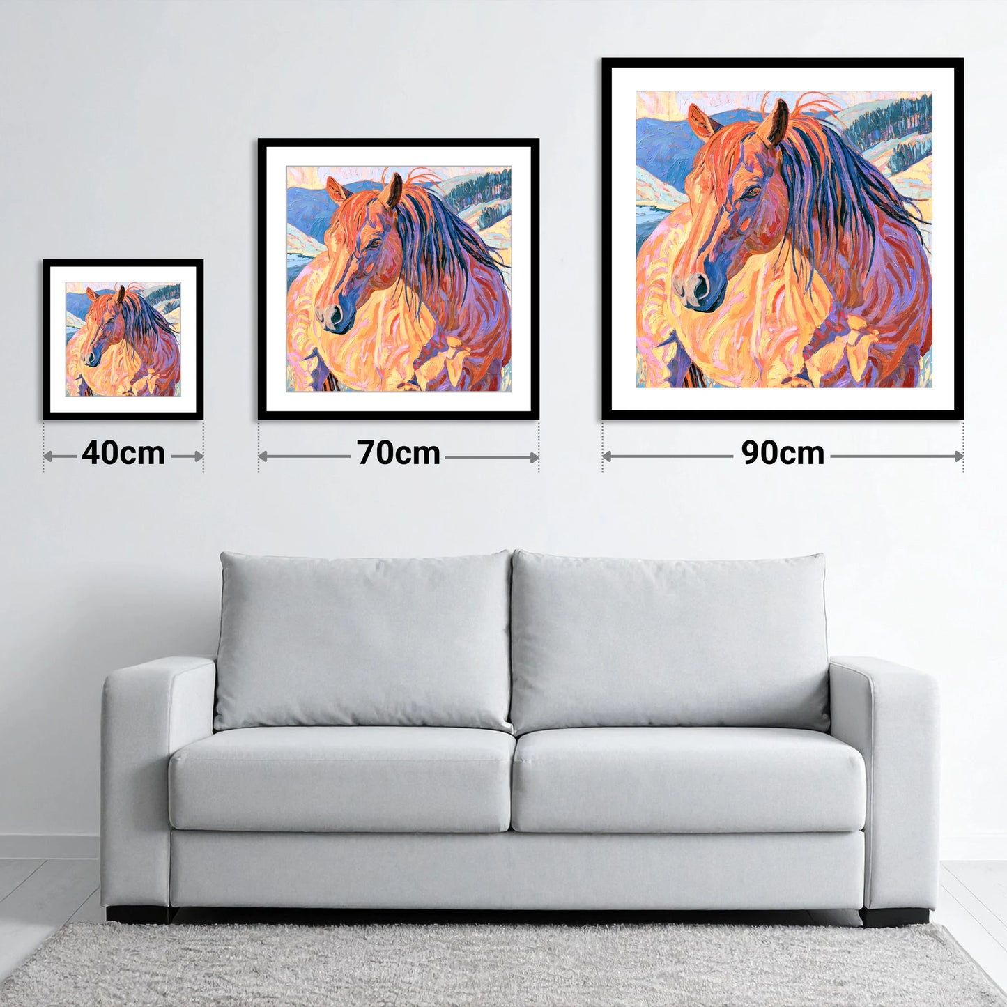 Horse in Vibrant Mountain Snow - size guide showing 40cm, 70cm and 90cm art prints