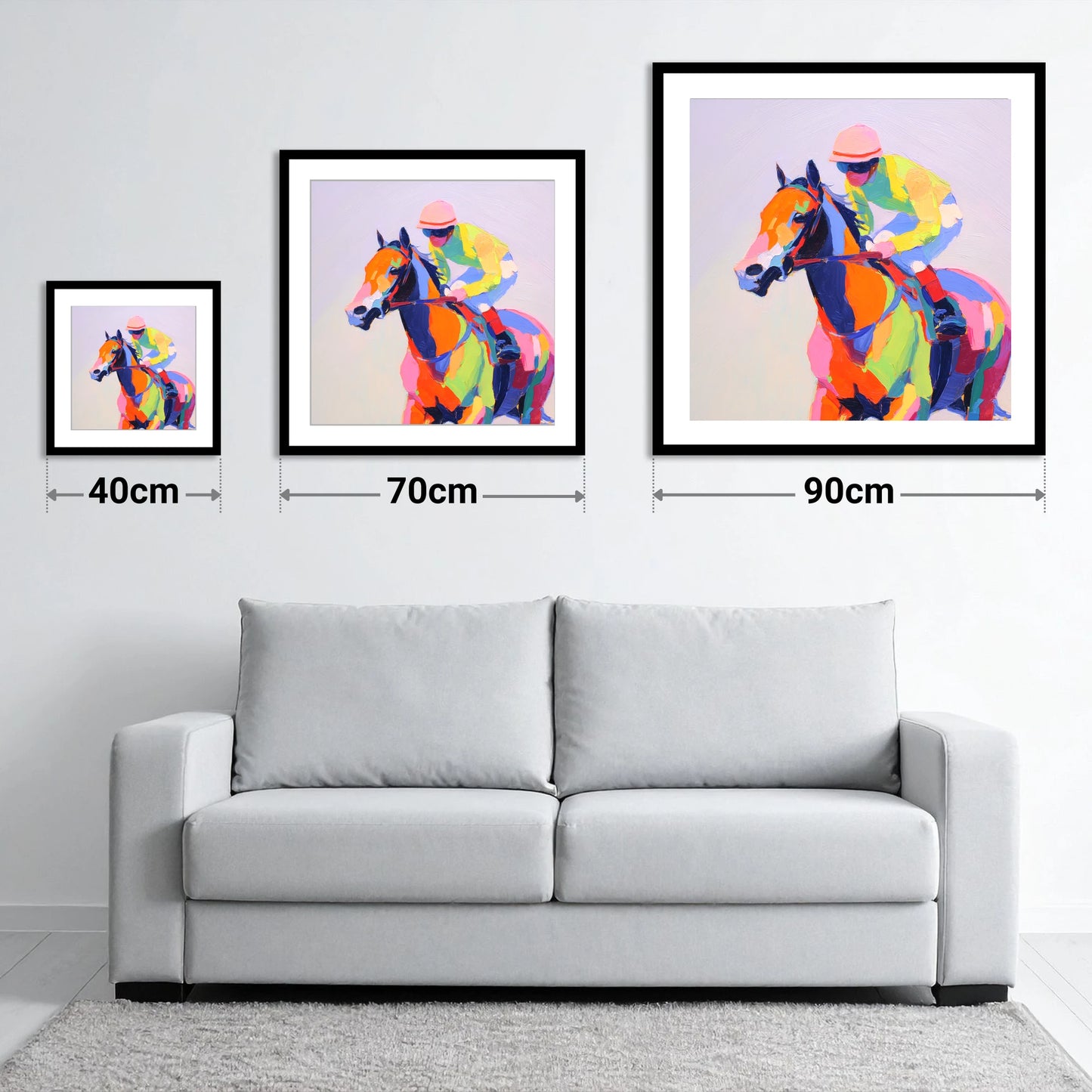 Technicolour Gallop - size guide showing 40cm, 70cm and 90cm art prints