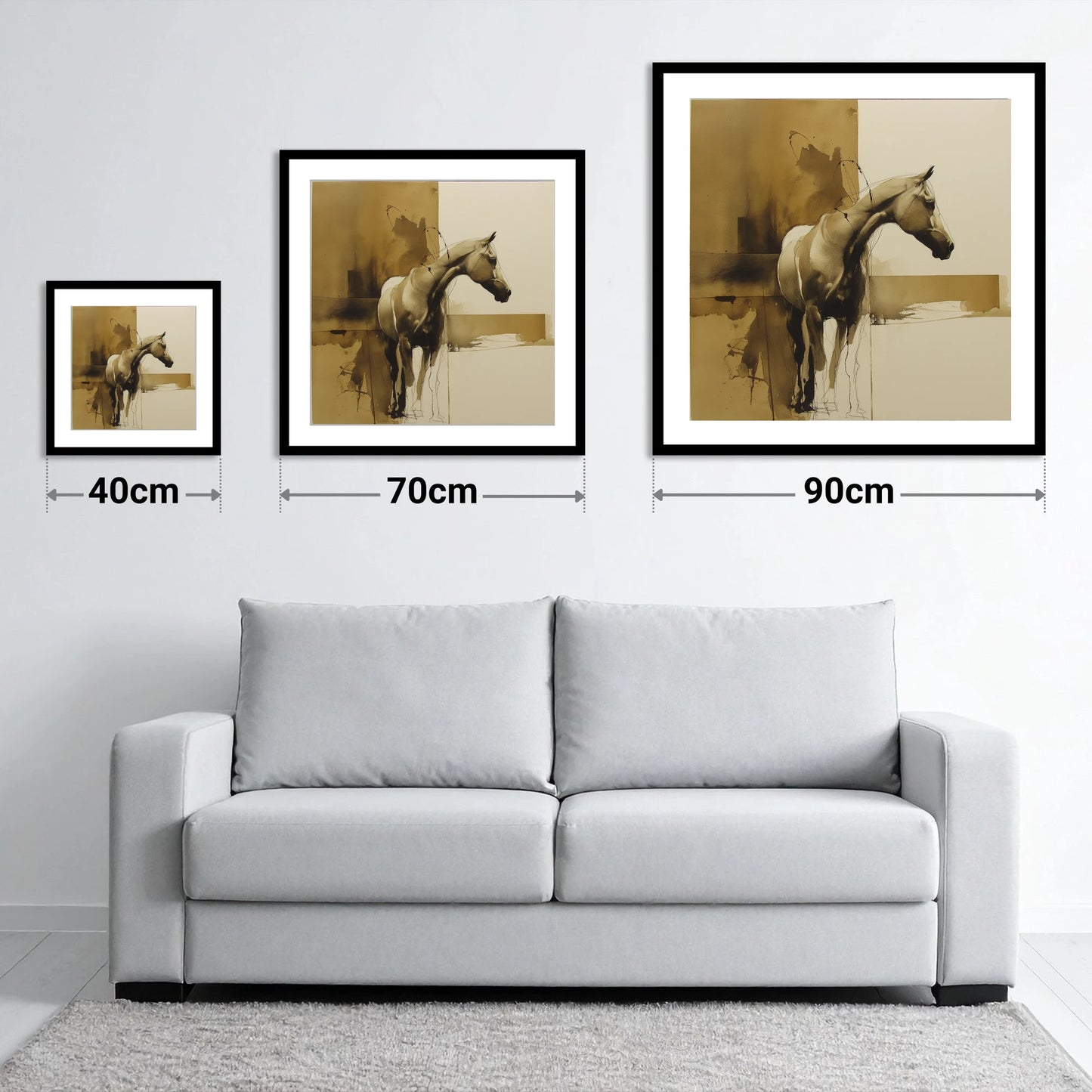 Umber Equine Grace - size guide showing 40cm, 70cm and 90cm art prints