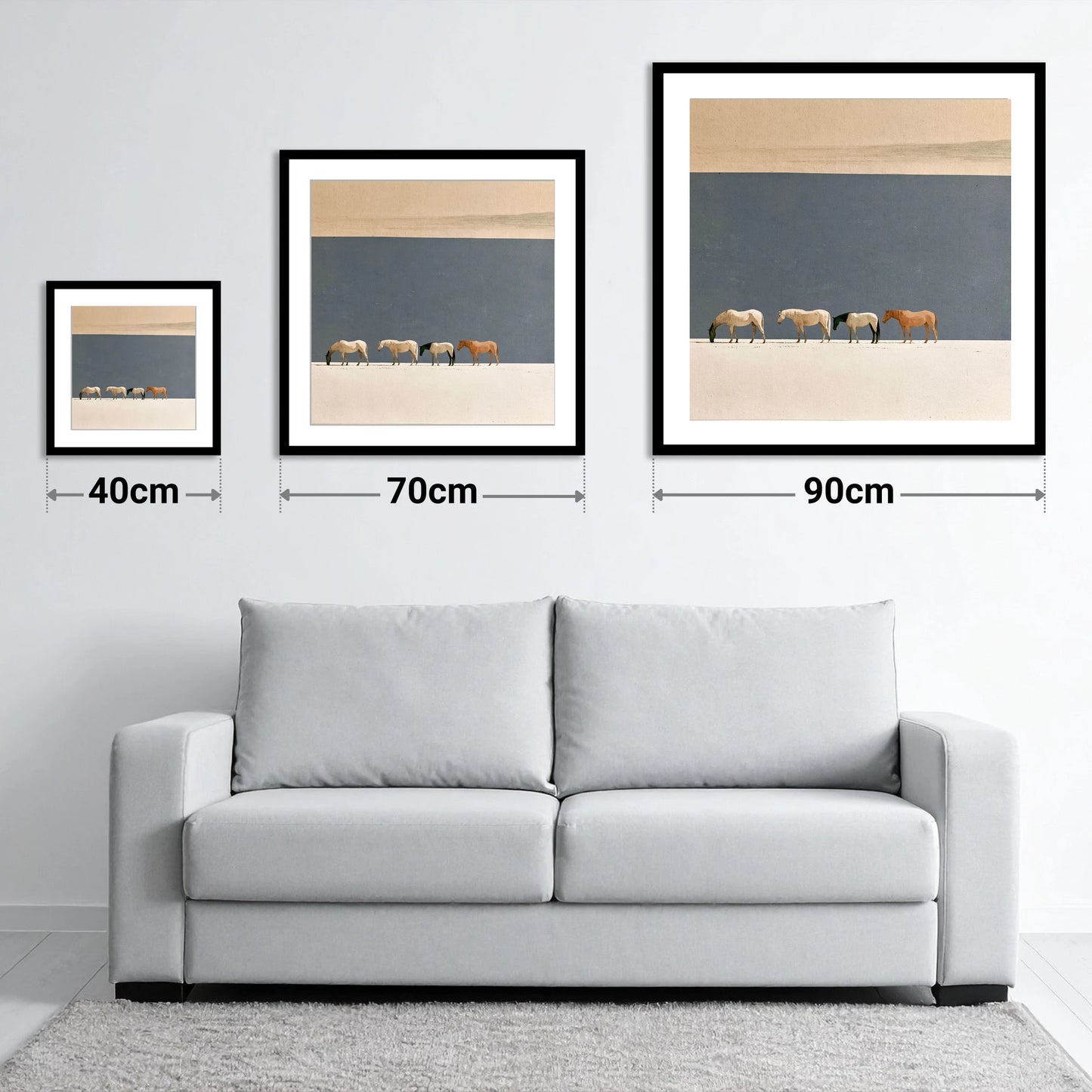 Stillness on the Horizon - size guide showing 40cm, 70cm and 90cm art prints