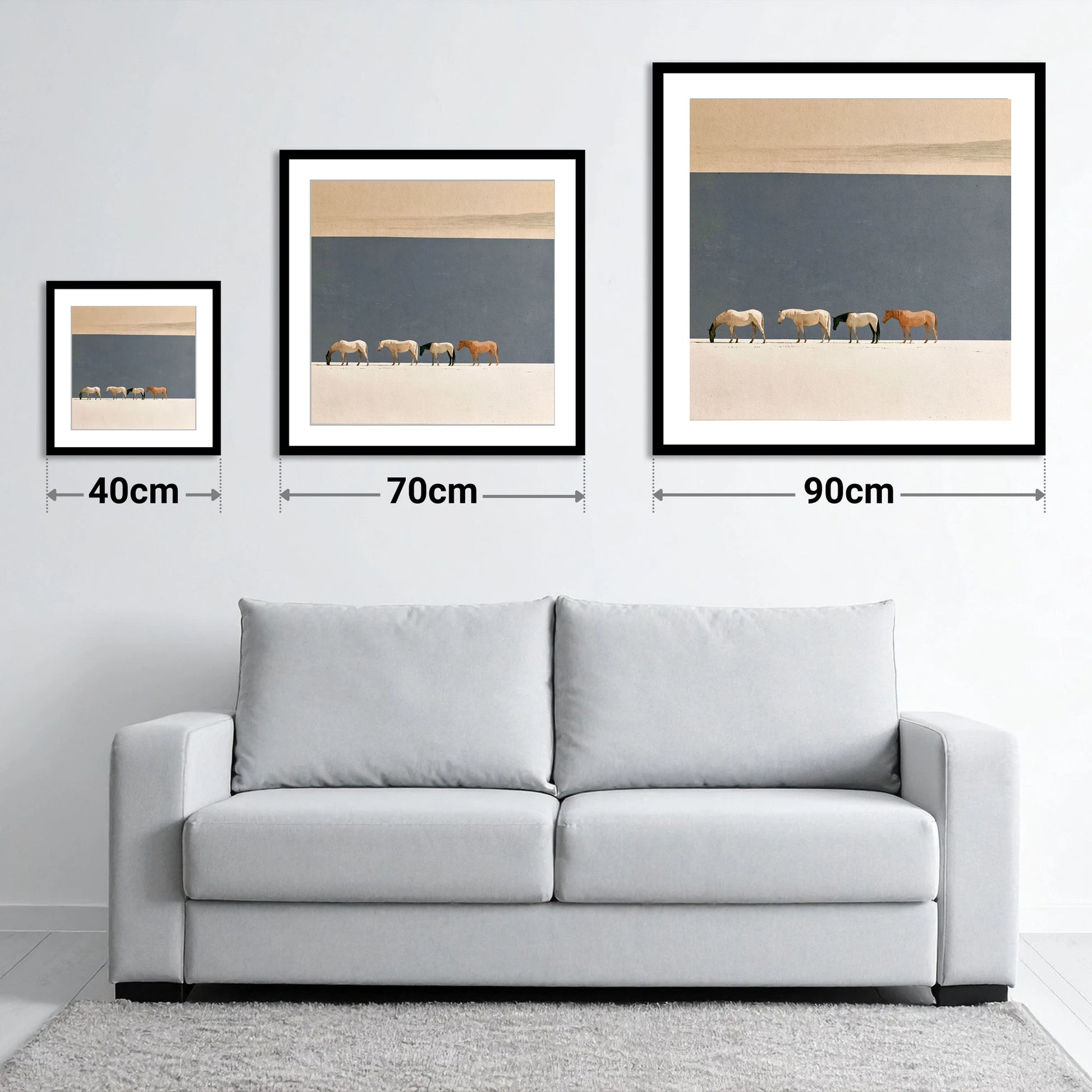 Stillness on the Horizon - size guide showing 40cm, 70cm and 90cm art prints