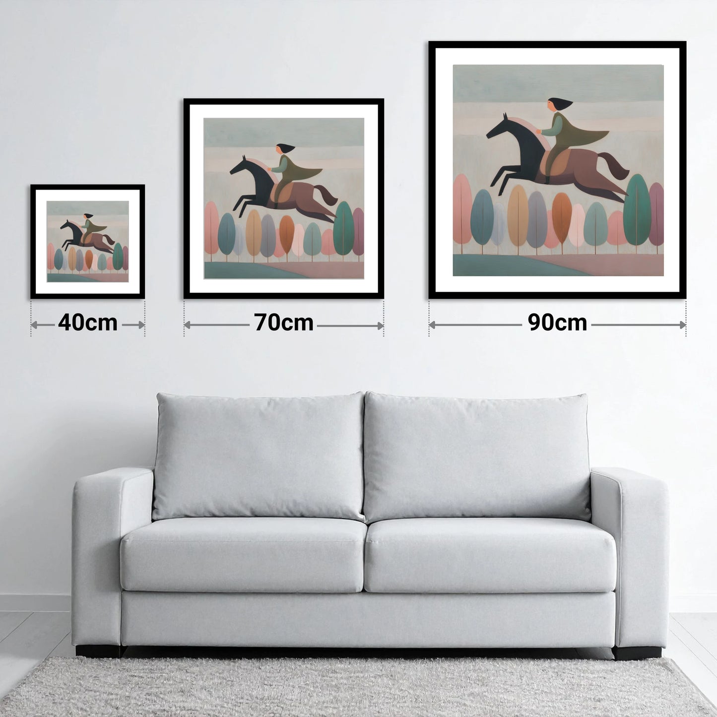 Above the Canopy - size guide showing 40cm, 70cm and 90cm art prints
