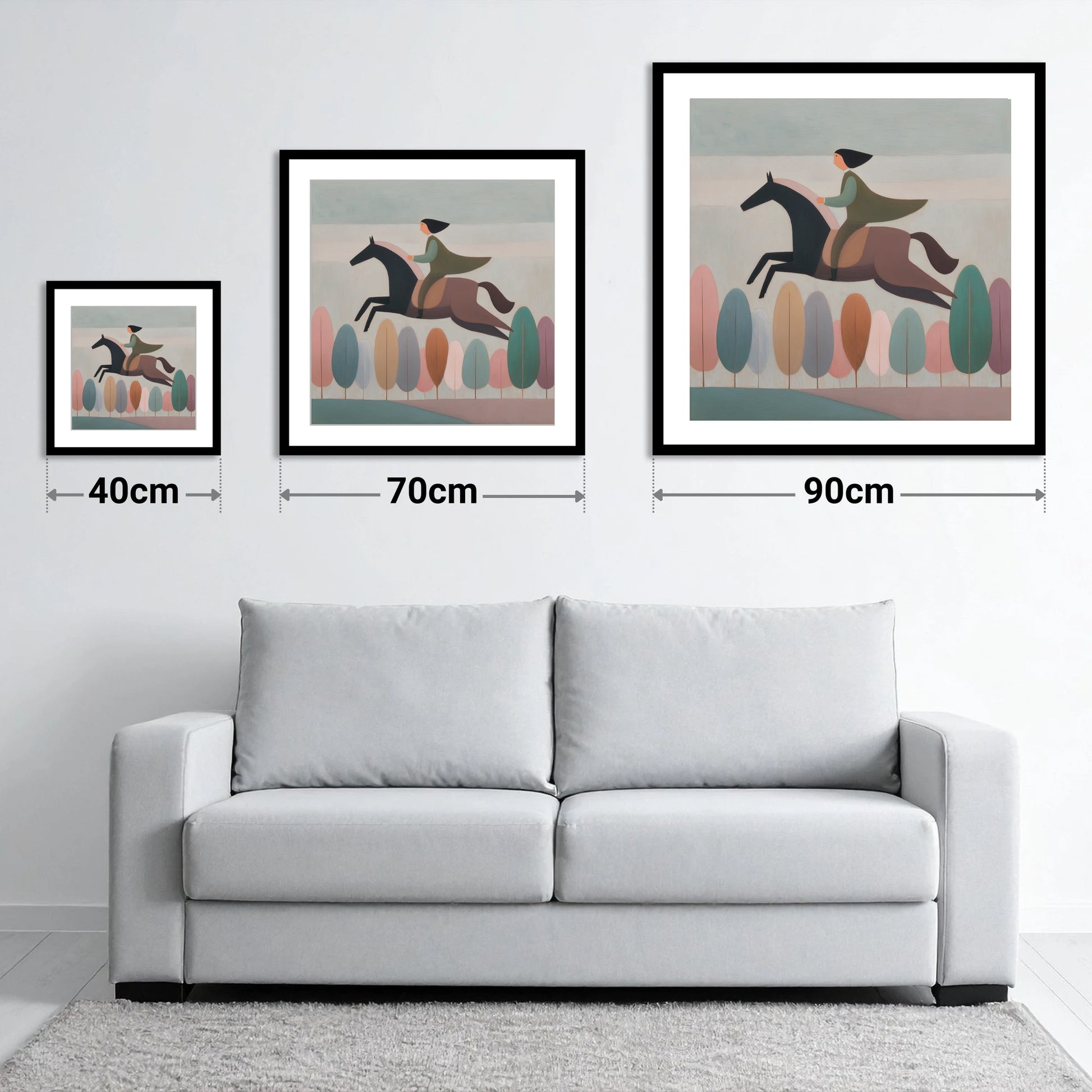 Above the Canopy - size guide showing 40cm, 70cm and 90cm art prints