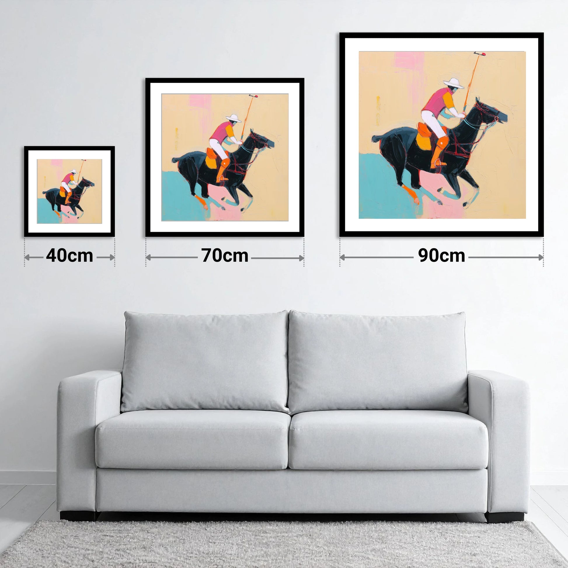Vibrant Polo Strike - size guide showing 40cm, 70cm and 90cm art prints