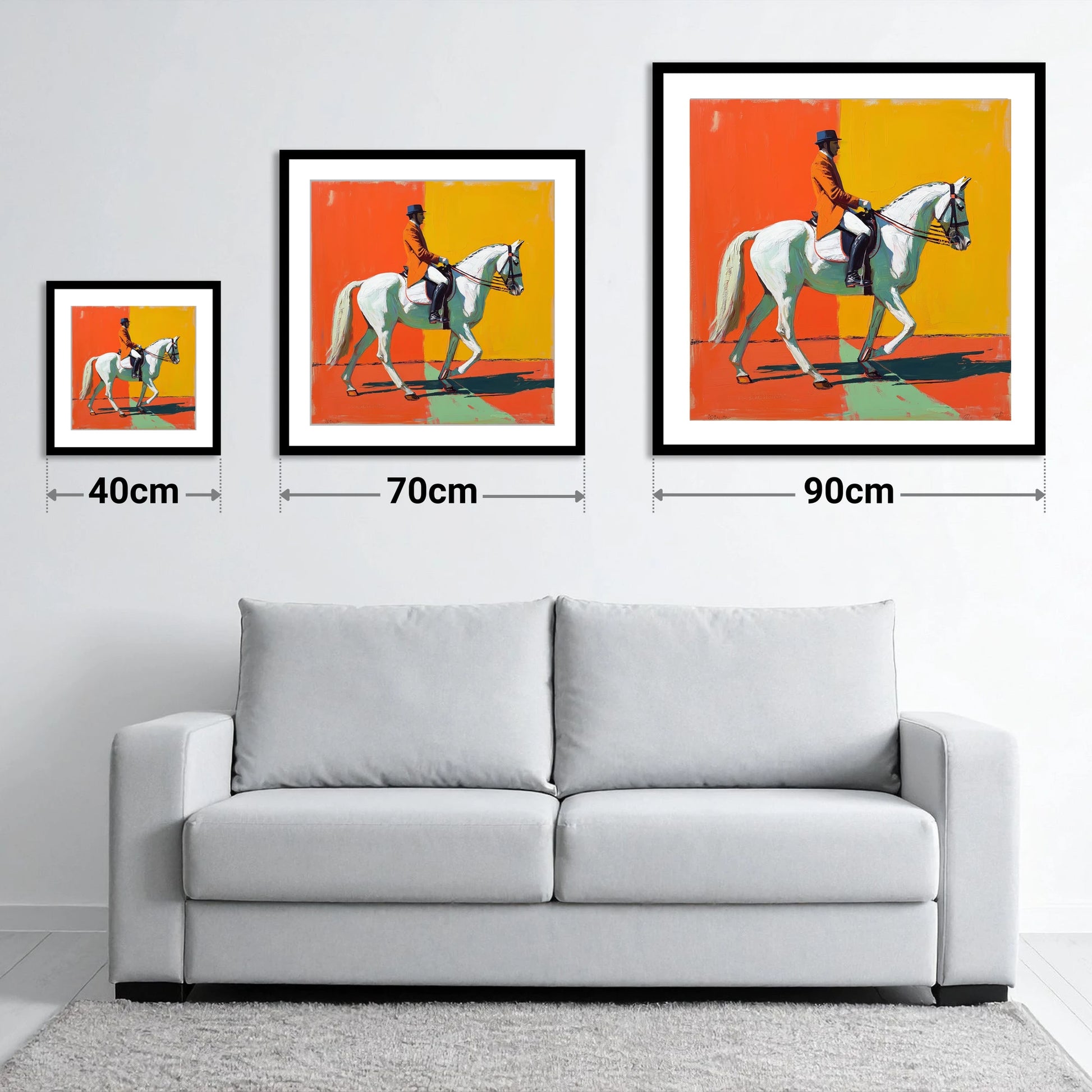 Rhythm In Colour - size guide showing 40cm, 70cm and 90cm art prints