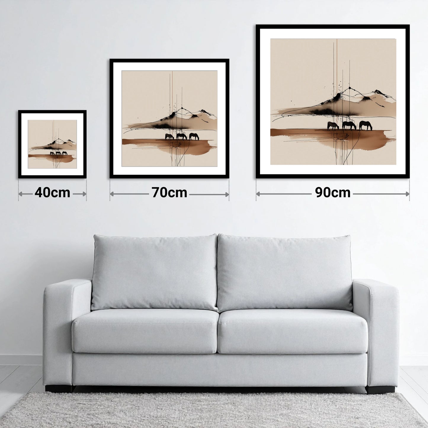 Serene Grazing Horizon - size guide showing 40cm, 70cm and 90cm art prints