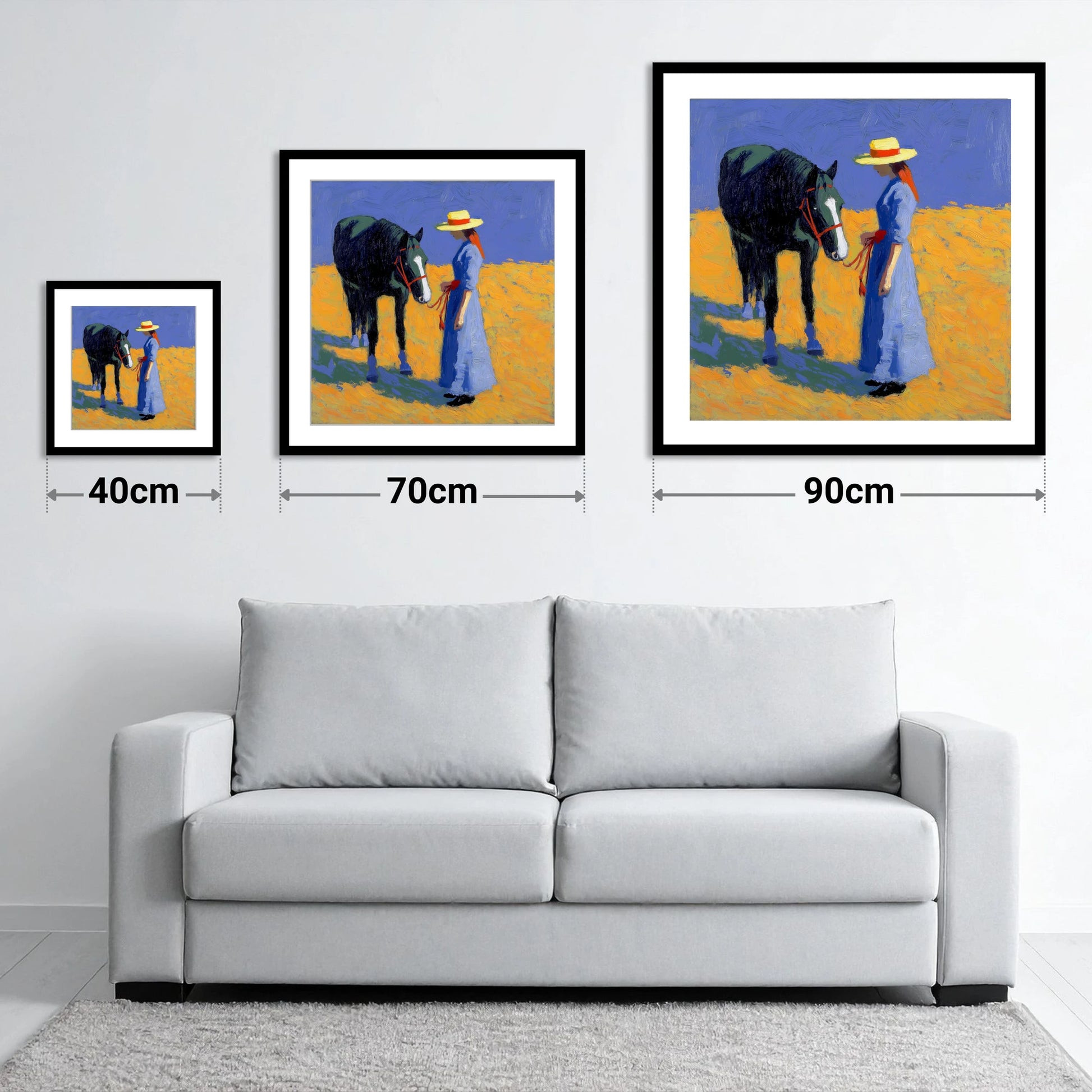 Golden Field Encounter - size guide showing 40cm, 70cm and 90cm art prints