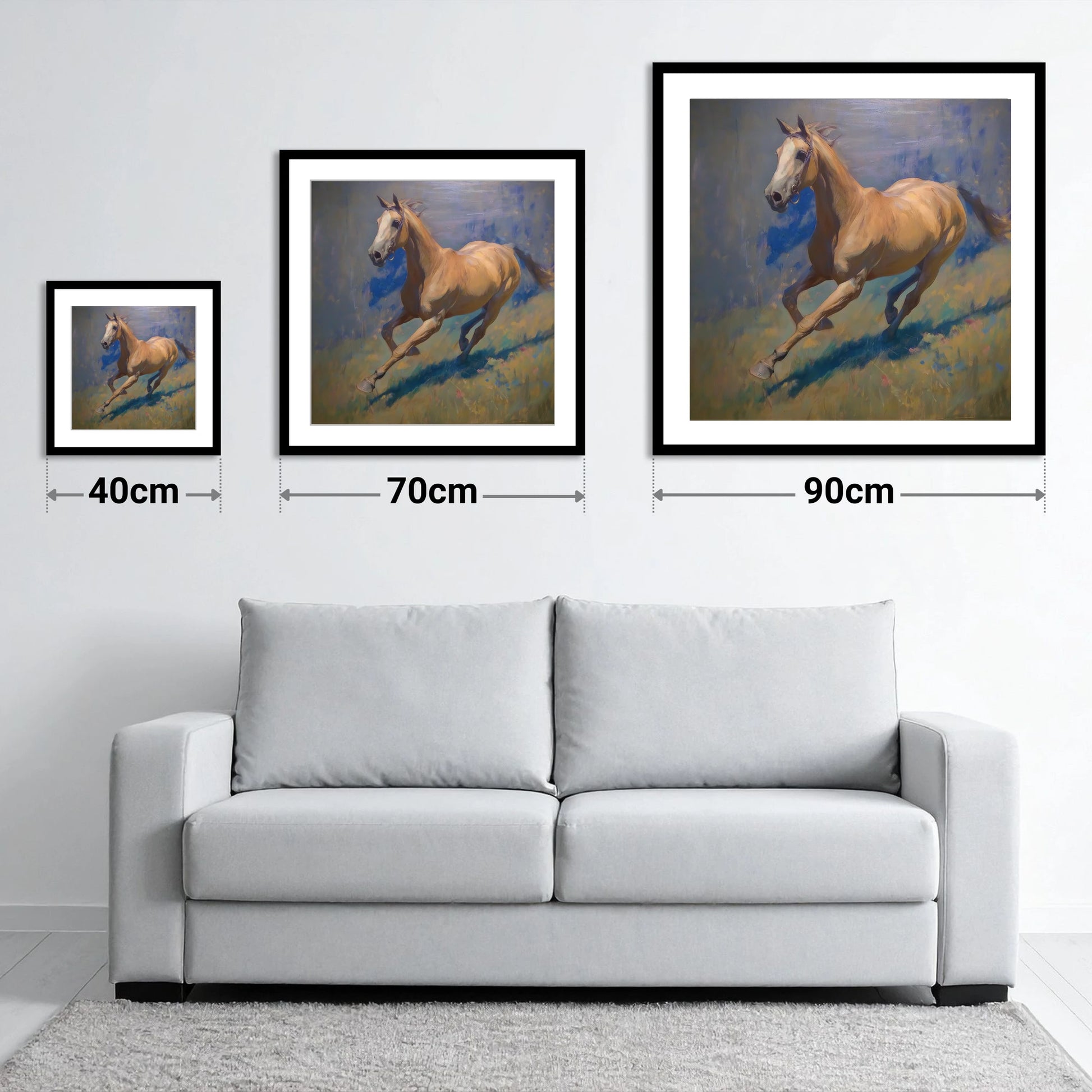 Golden Stride - size guide showing 40cm, 70cm and 90cm art prints