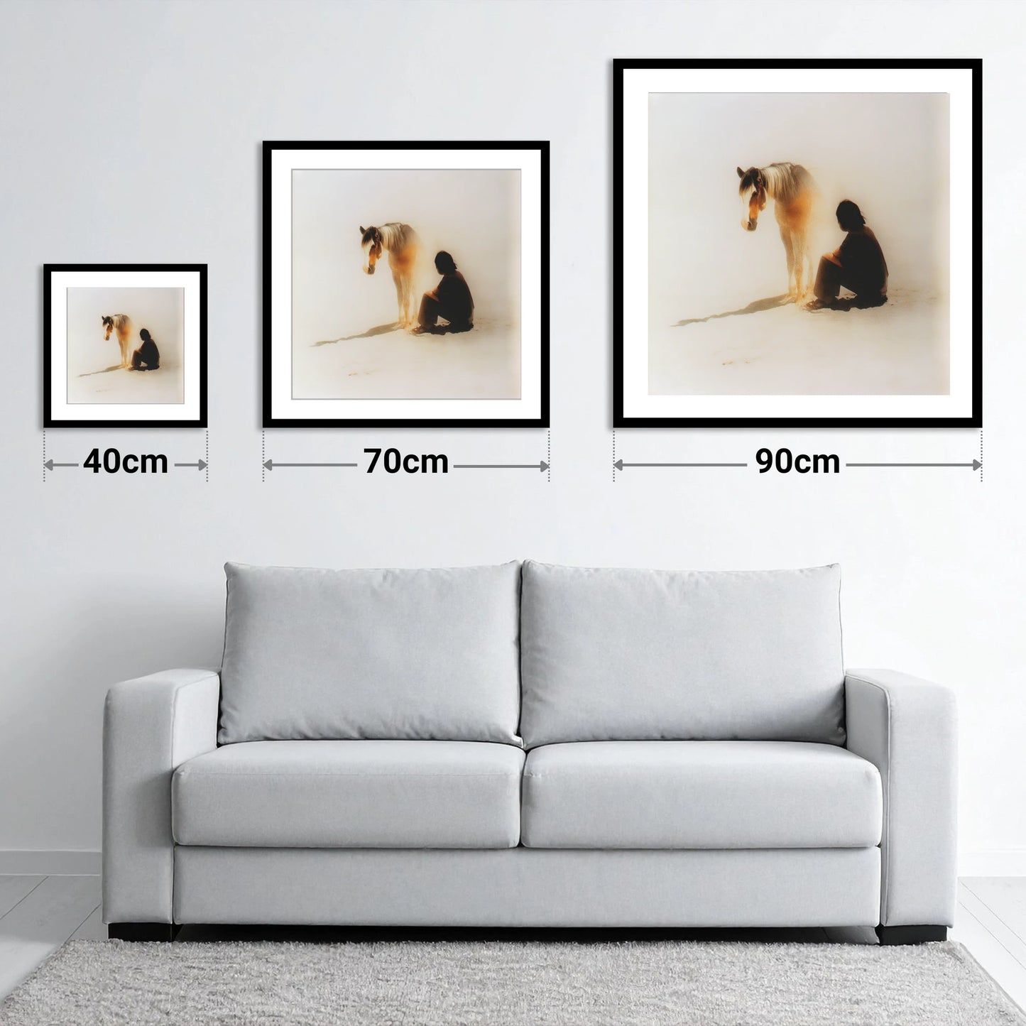 Quiet Presence - size guide showing 40cm, 70cm and 90cm art prints