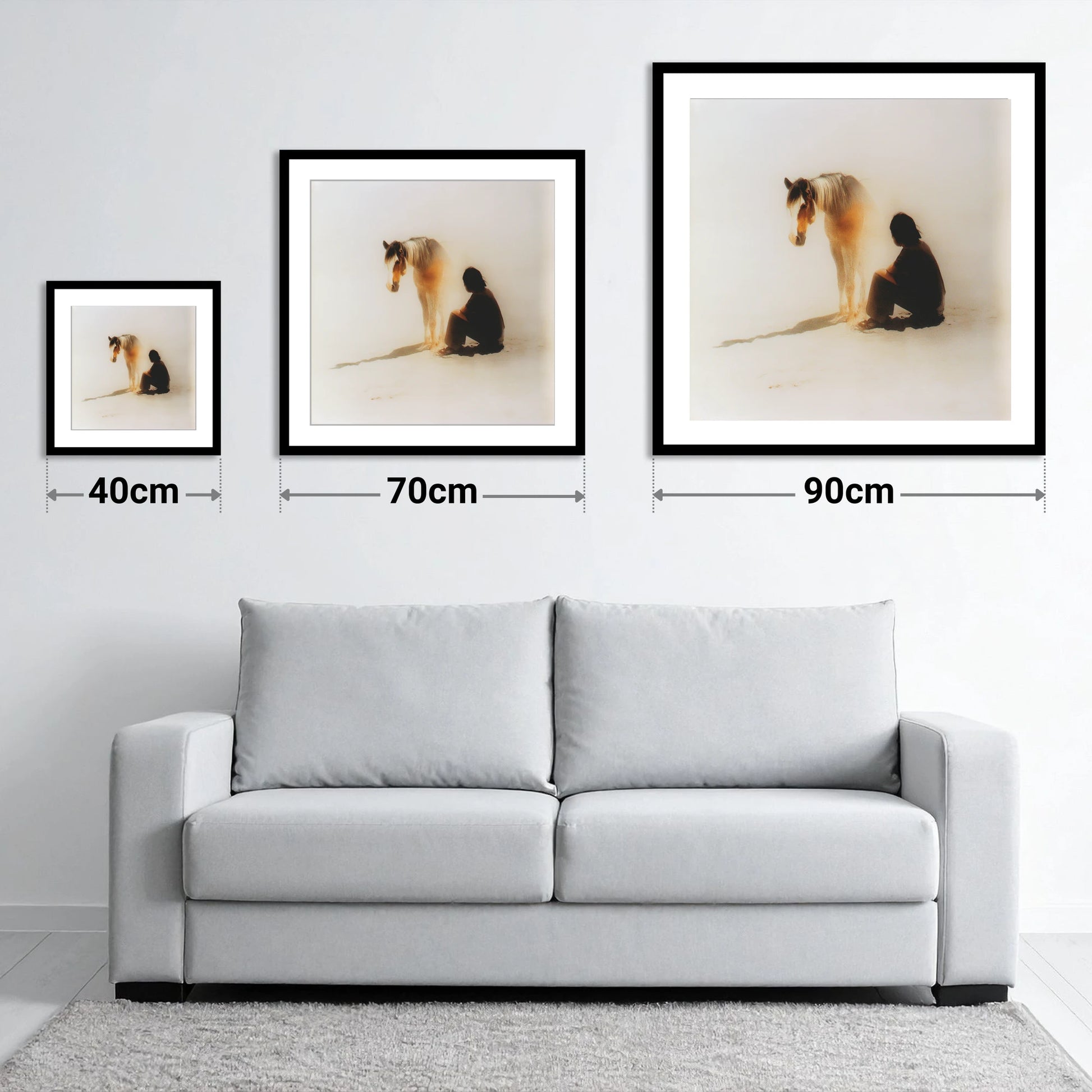 Quiet Presence - size guide showing 40cm, 70cm and 90cm art prints