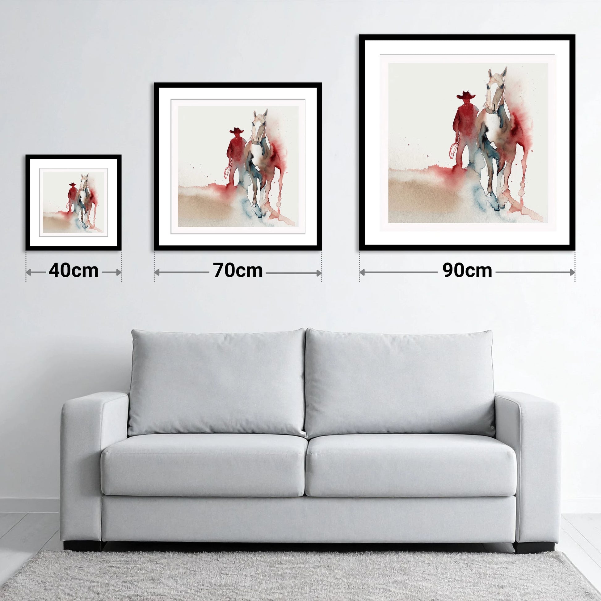 Crimson Trail Companion - size guide showing 40cm, 70cm and 90cm art prints