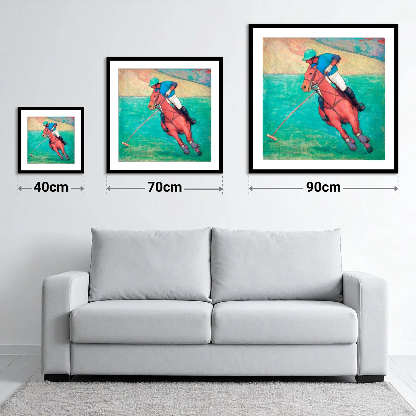The Crimson Chukka - size guide showing 40cm, 70cm and 90cm art prints