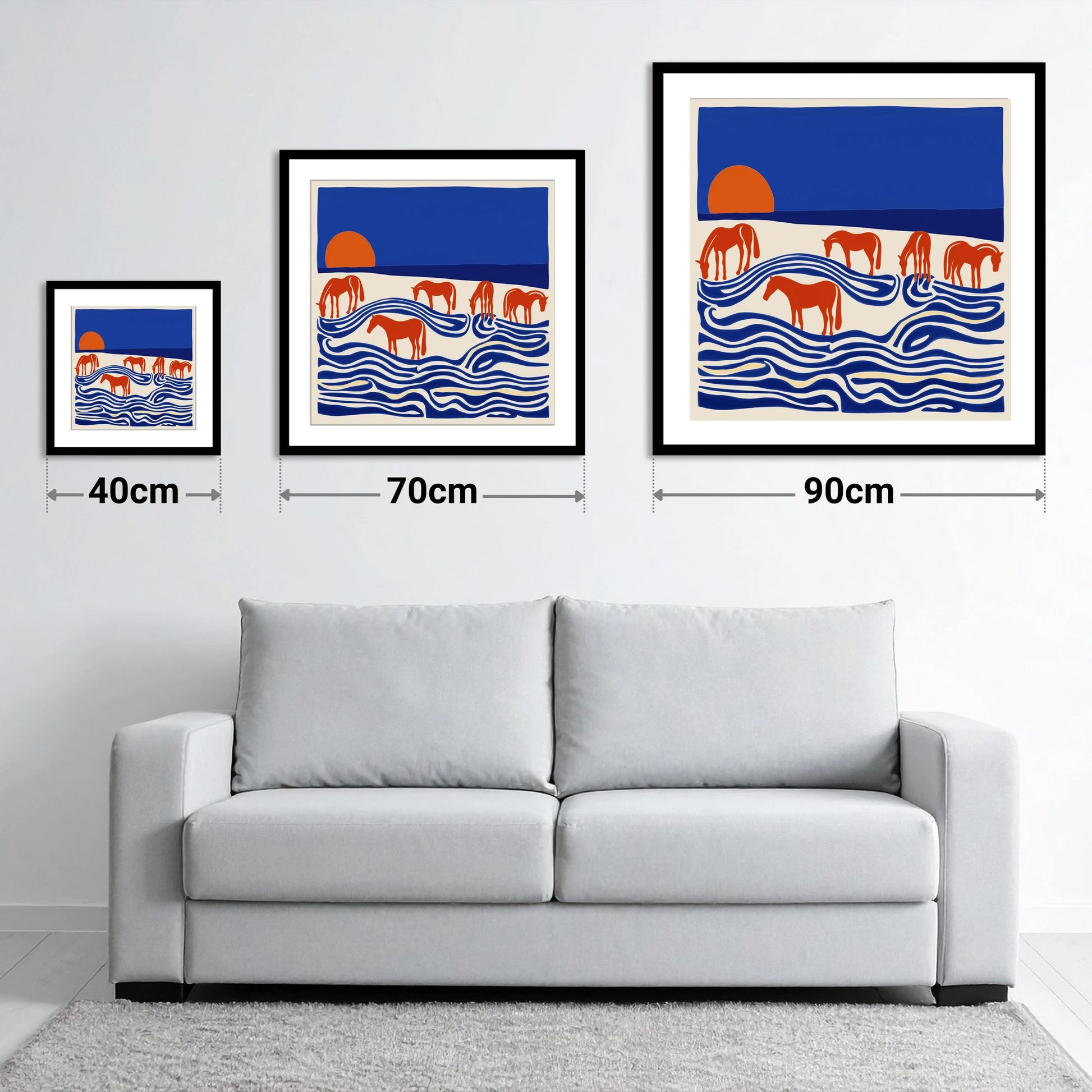 Cobalt Sunset Herd - size guide showing 40cm, 70cm and 90cm art prints