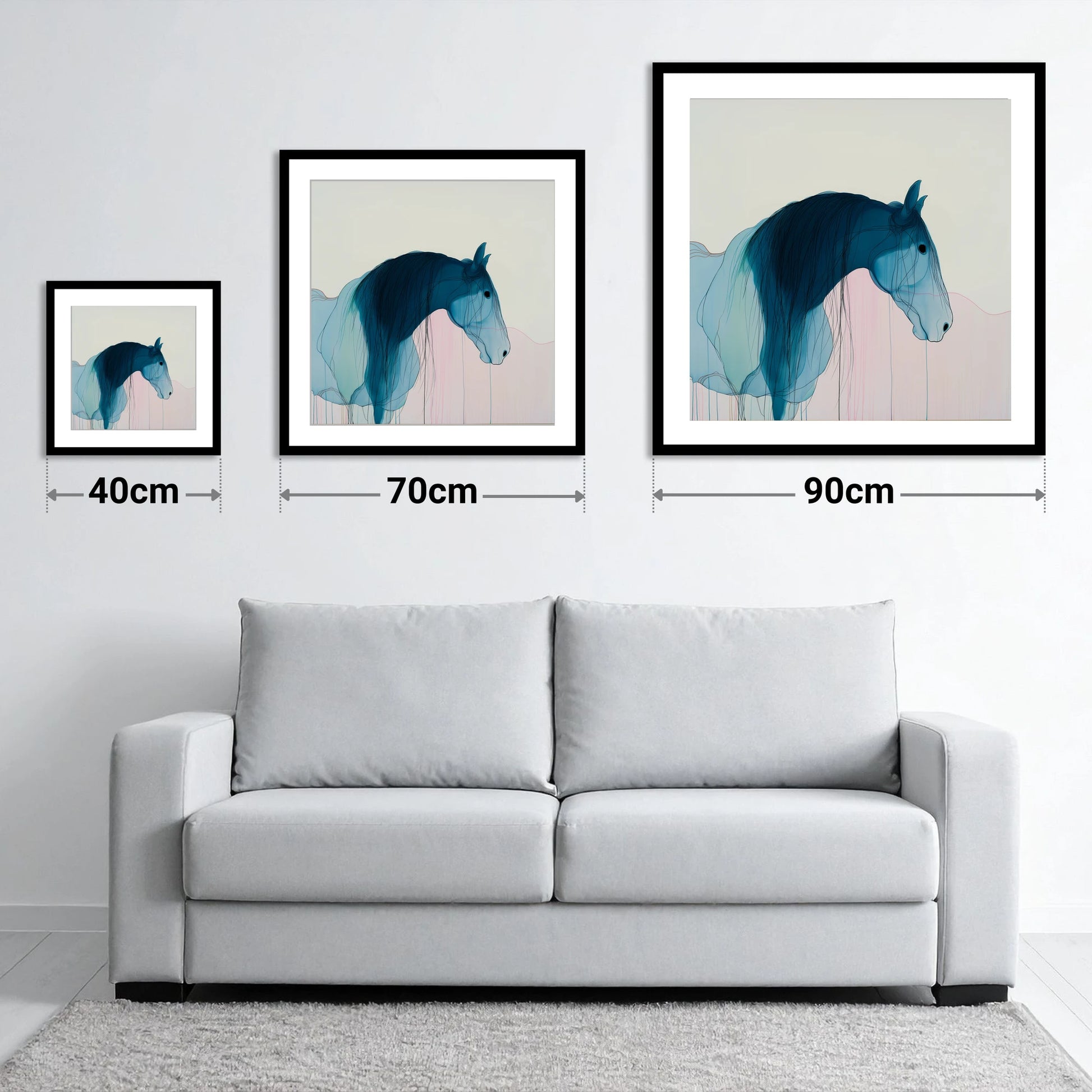 Fluid Blue Grace - size guide showing 40cm, 70cm and 90cm art prints