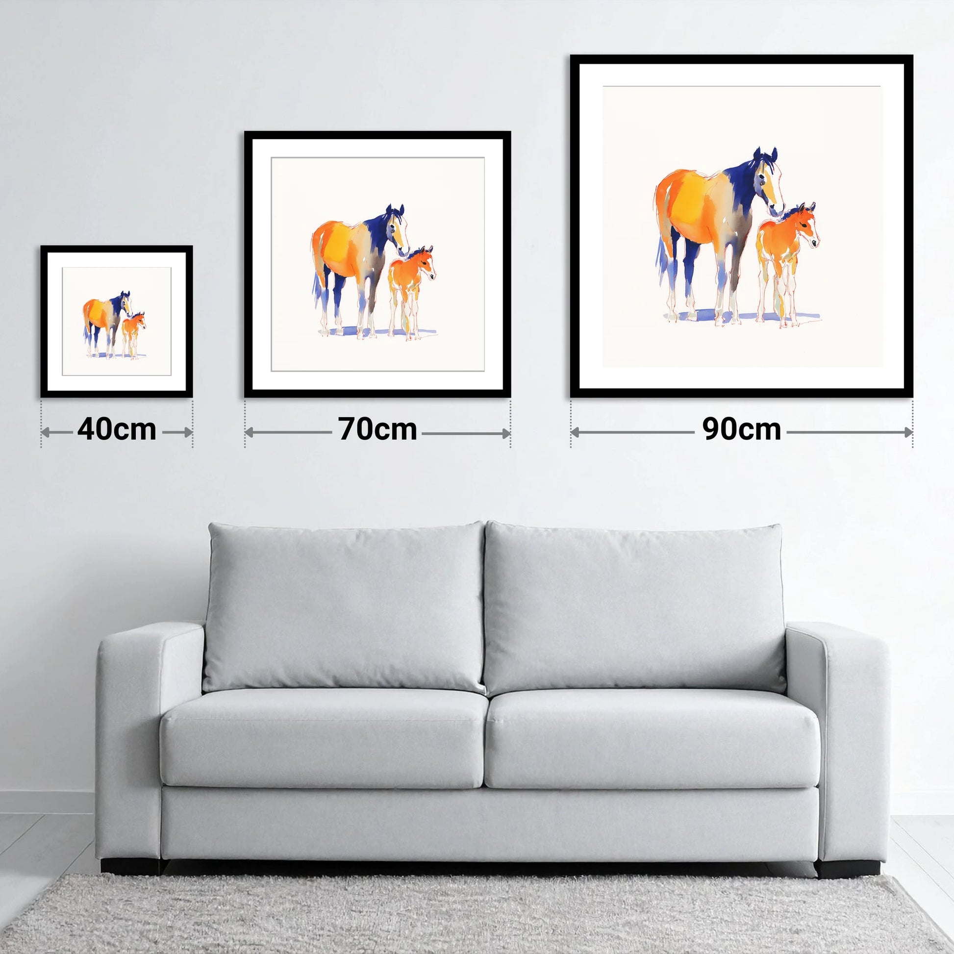 Sunlit Bond - size guide showing 40cm, 70cm and 90cm art prints