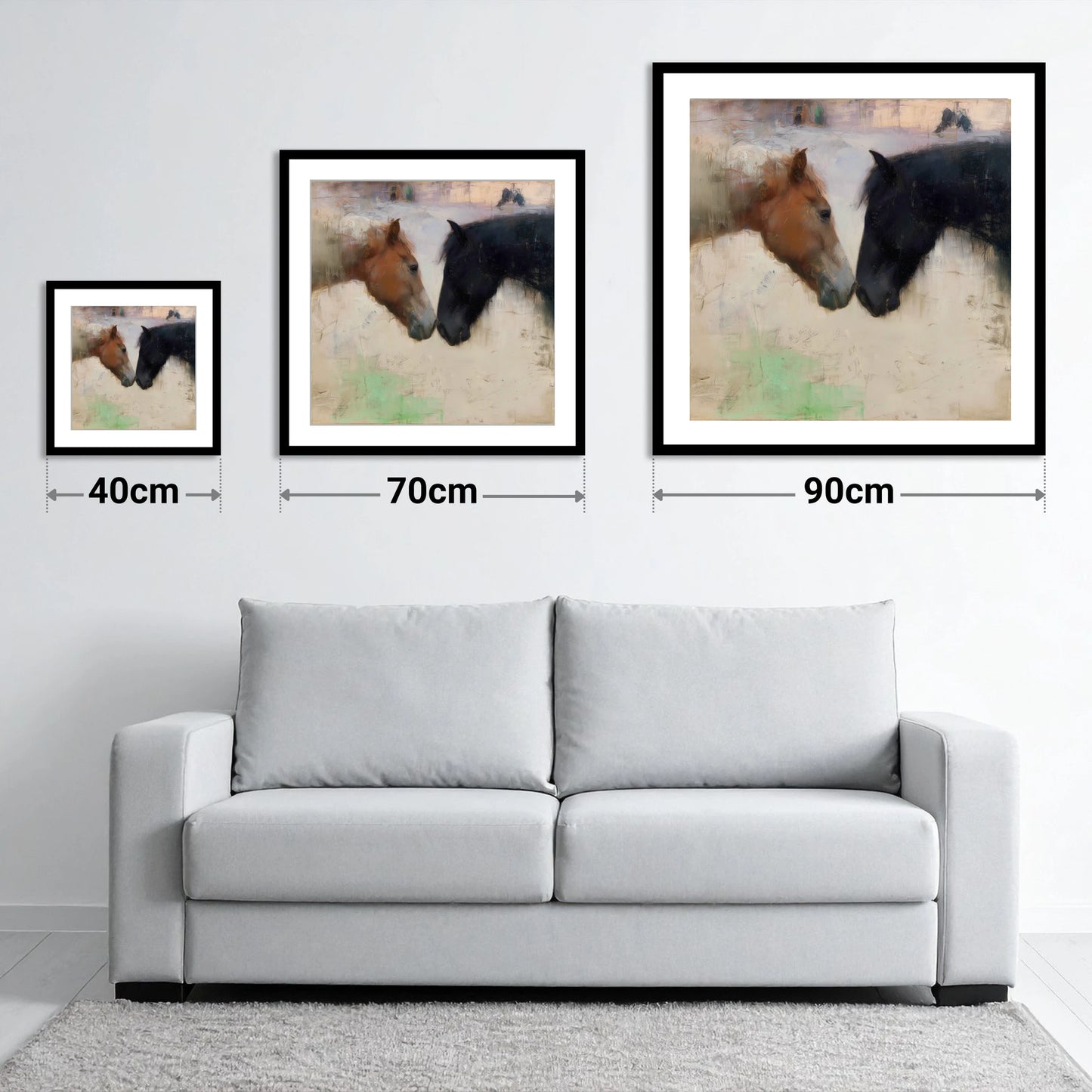 Gentle Connection - size guide showing 40cm, 70cm and 90cm art prints