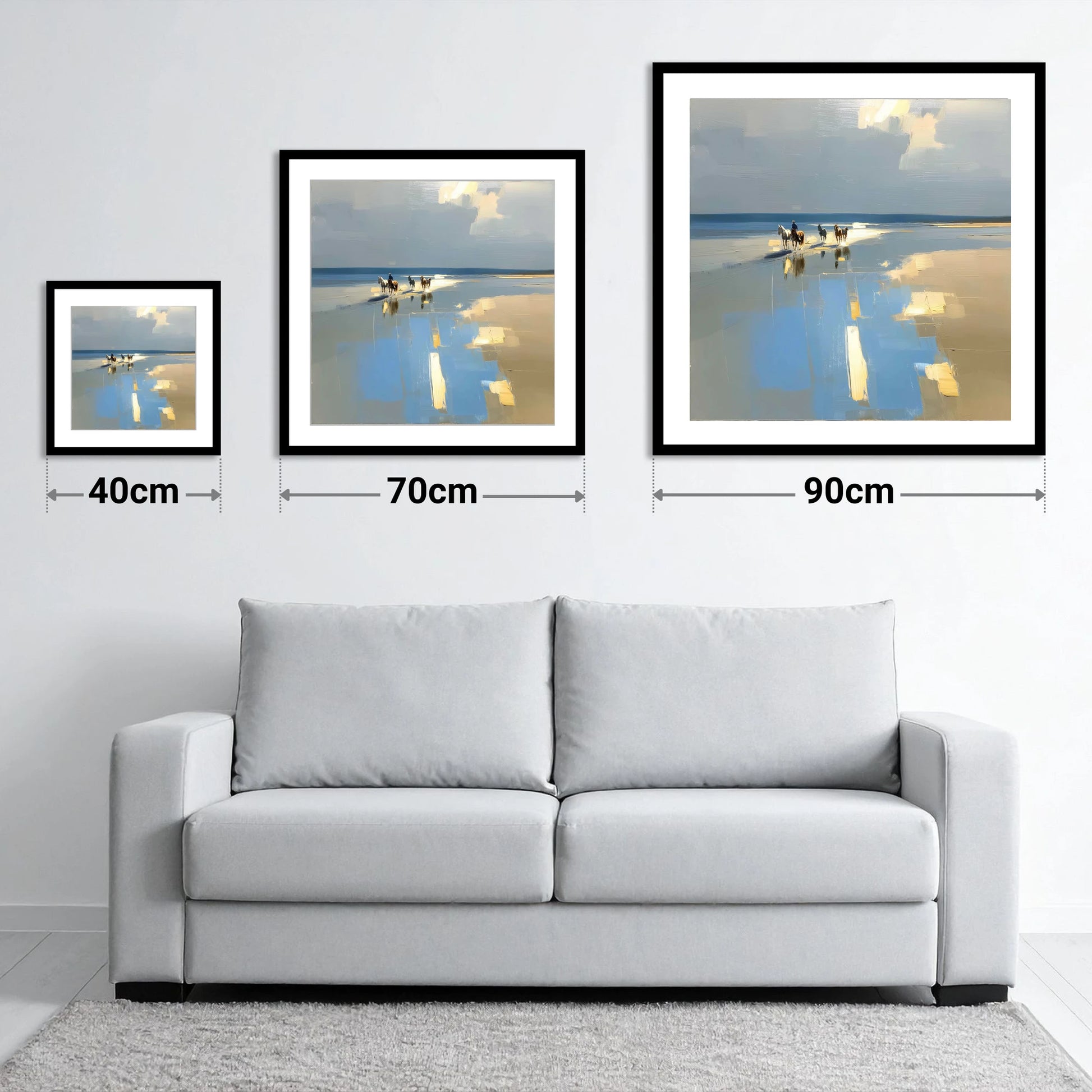 Coastal Hack Reflections - size guide showing 40cm, 70cm and 90cm art prints